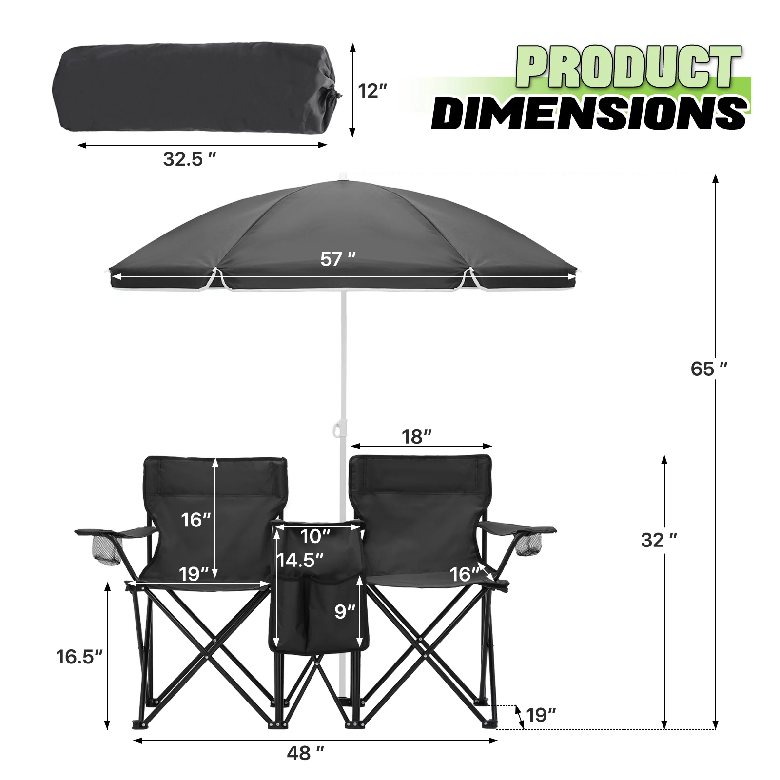 2026 Magshion Portable Double Folding Chair with Removable Umbrella, Cooler Bag & Carry Bag, for Beach Camping Picnic, Black