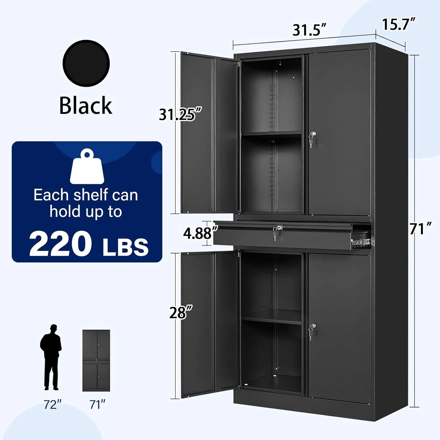 Yizosh Metal Garage Storage Cabinet with Locking Doors and Adjustable Shelves, Tool Storage Cabinet with 1 Drawer - 71