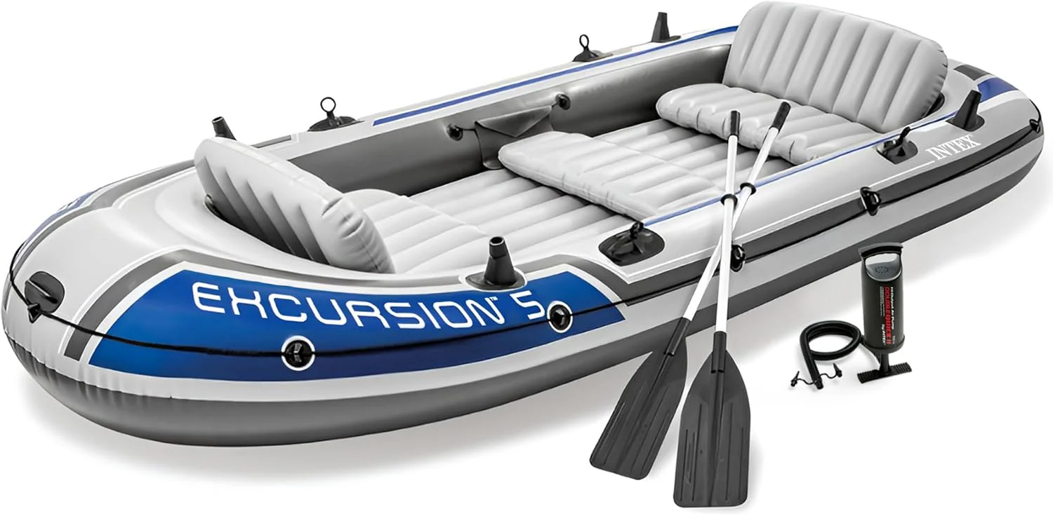 Inflatable Boat Series: Includes Deluxe 54in Boat Oars and High-Output Pump – SuperTough PVC – Adjustable Seats with Backrest – Fishing Rod Holders – Welded Oar Locks