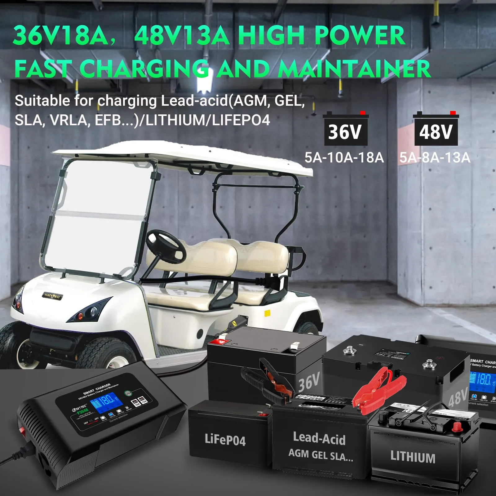 2026 36 Volt Golf cart Charger 18-Amp Smart Charger, Car Battery Charger,Trickle Charger,36V,18-Amp and 48V,13-Amp,Lithium,LiFePO4,Lead-Acid AGM/Gel/SLA.Battery Charger, for EZGO TXT,Car, Boat.