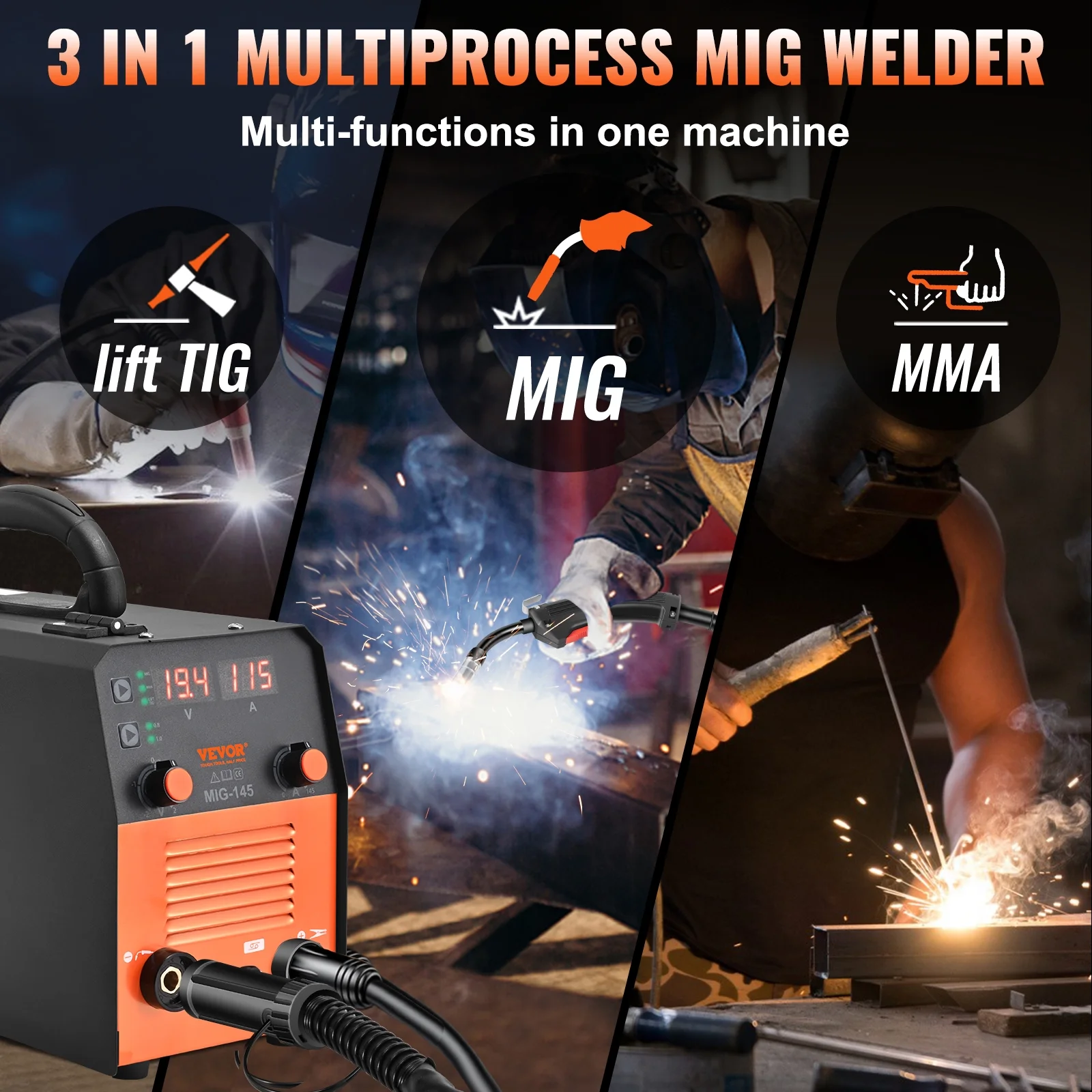 2026 VEVOR 145A MIG Welder, 3 in 1 Combo Gasless MIG/Lift TIG/MMA with Welding Machine, 110 V Flux Core/Solid Wire Welding Machine with IGBT Inverter & MIG Torch