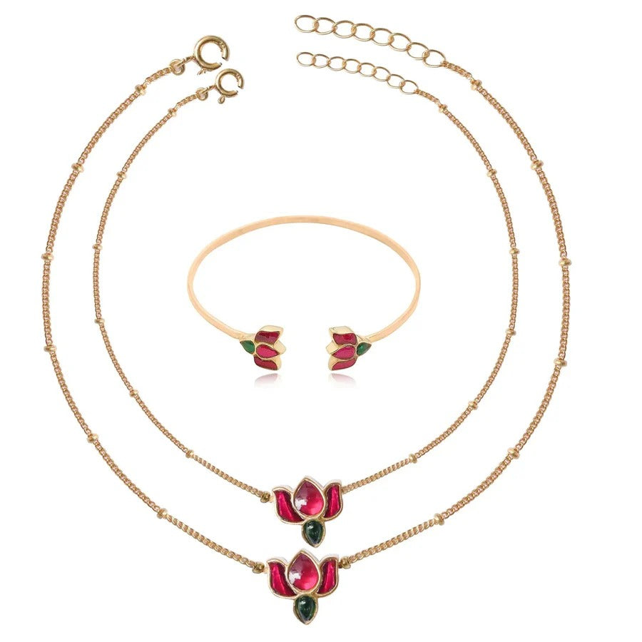 925 Sterling Silver Kundan Lotus Anklet ( Pair)