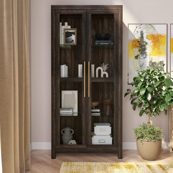 BELLEZE Avalon Tall Storage Cabinet, Dark Walnut Curio Bookshelf with Tempered Glass Doors for Living Room/Bedroom Display
