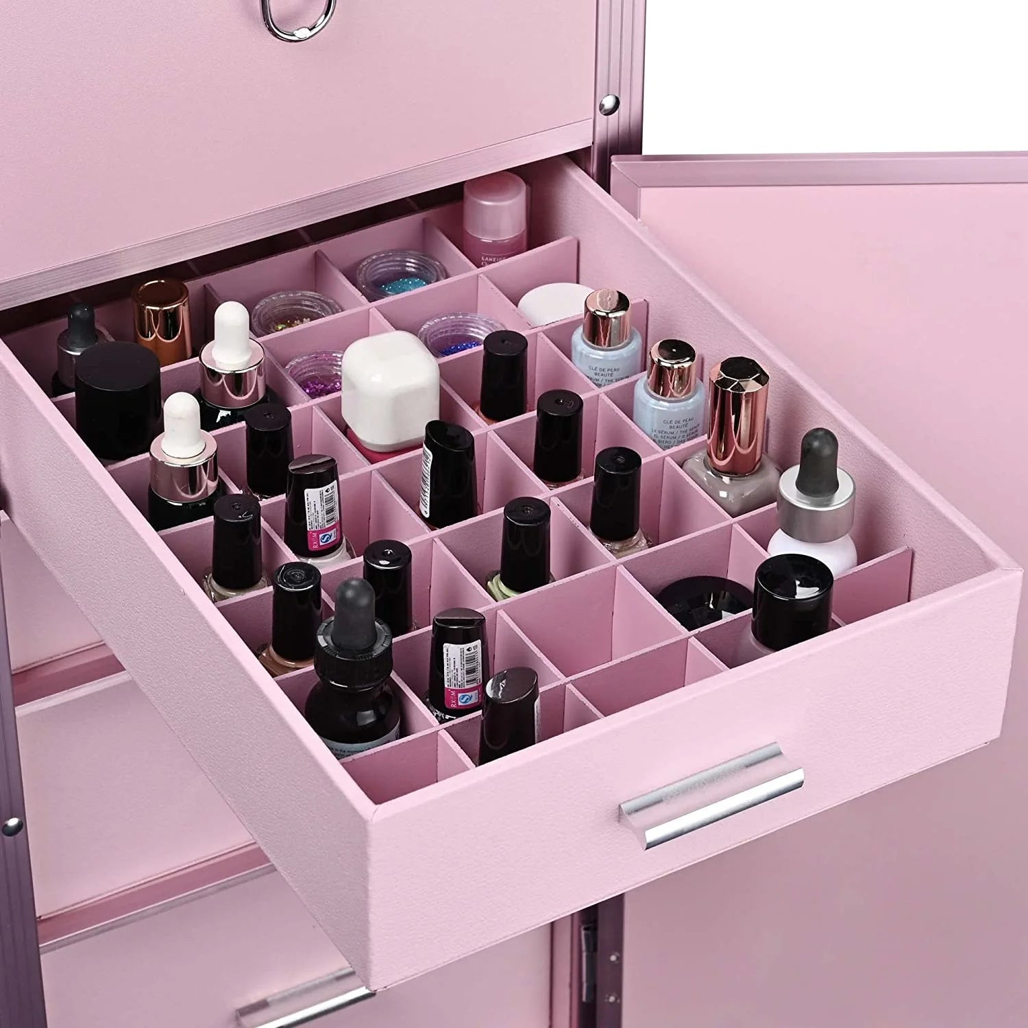 2026 Nail Desk Mobile Station Rolling Makeup Train Case Trolley Cosmetic Manicure Table Mirror 4 Drawers Pink