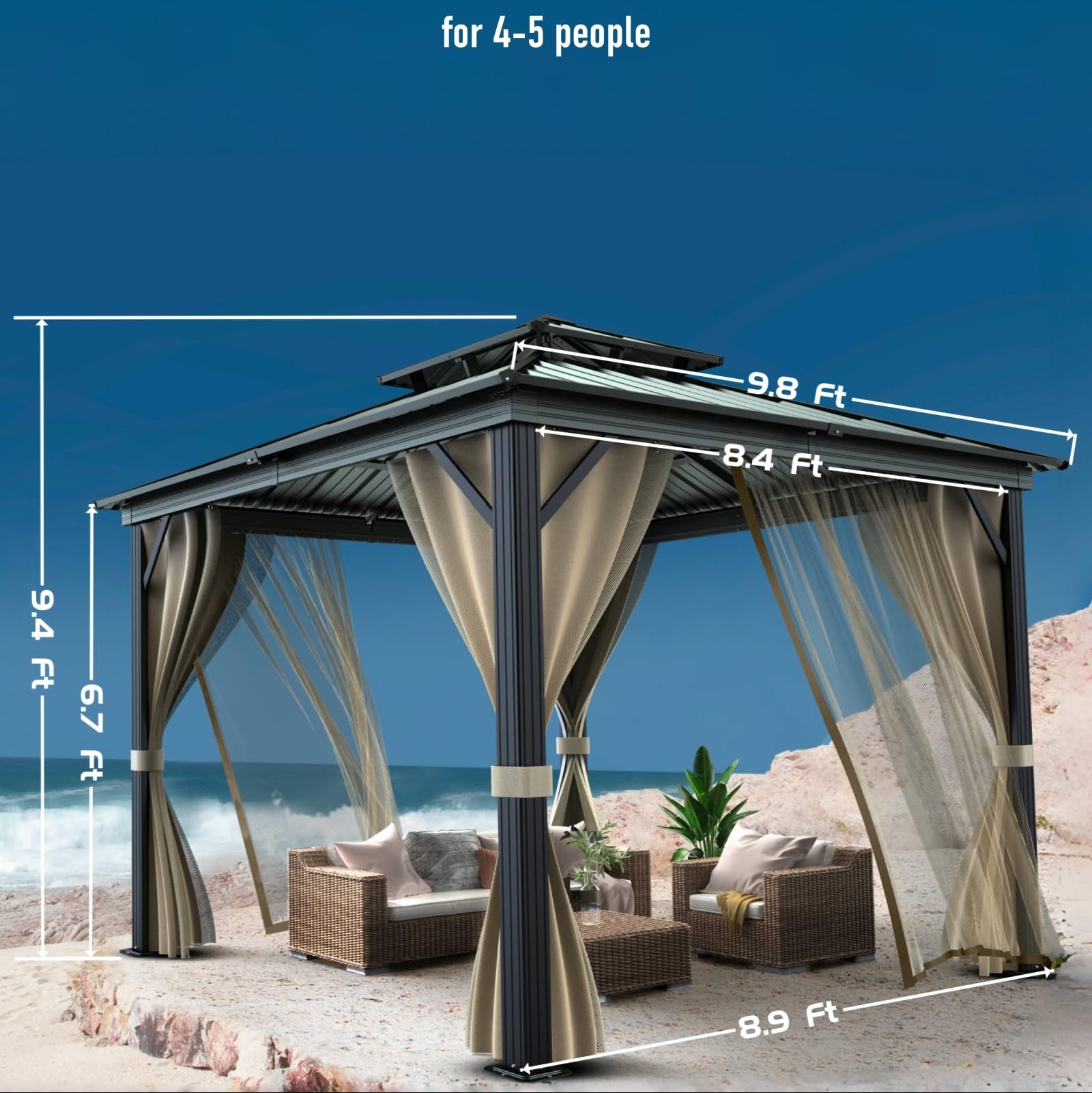 2026 10’x10′ Hardtop Gazebo with double metal roof, aluminum frame, net, and curtain. All-weather, ideal for patio, deck, garden, backyard. Khaki.