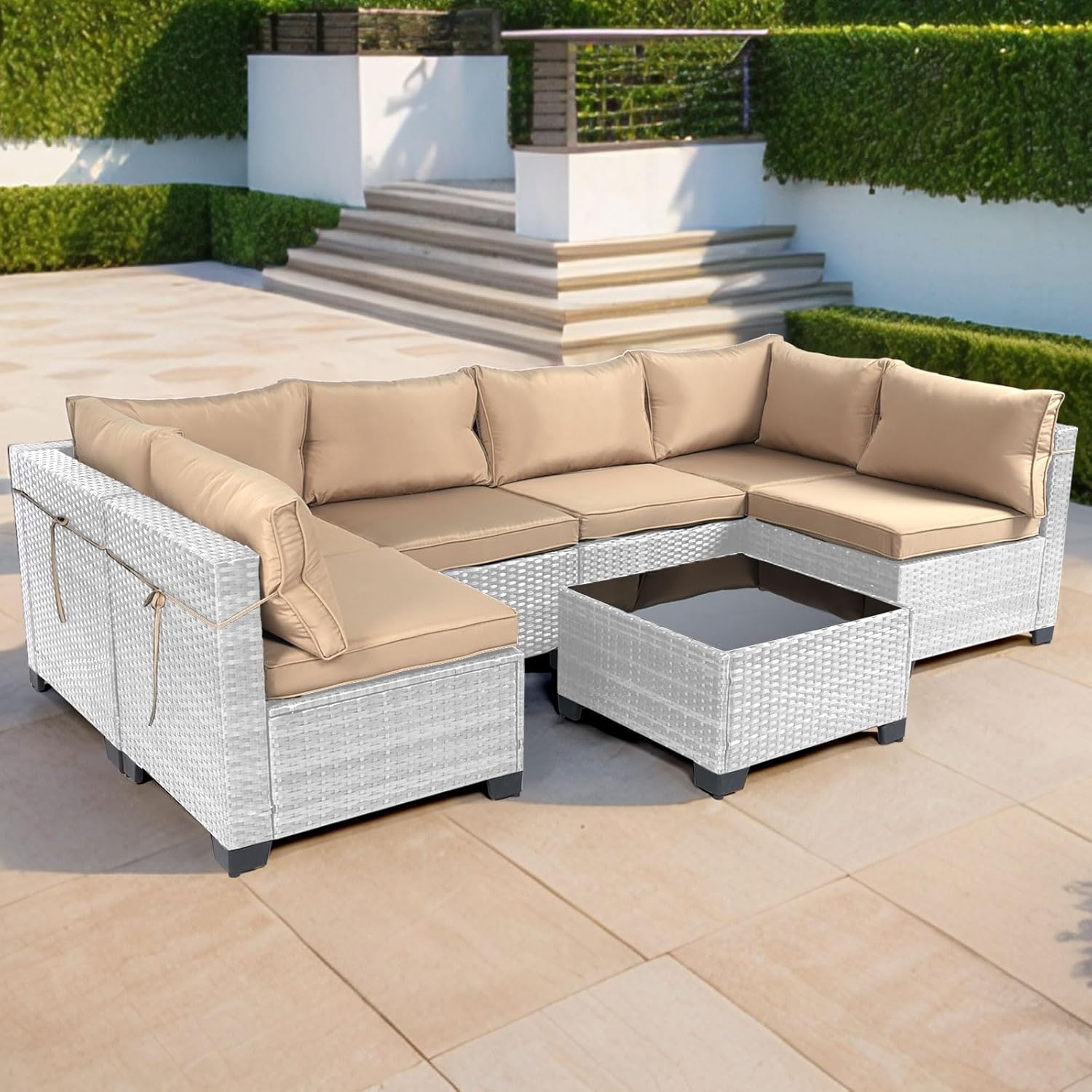 7 Pieces Rattan Patio Furniture Set with Tea Table