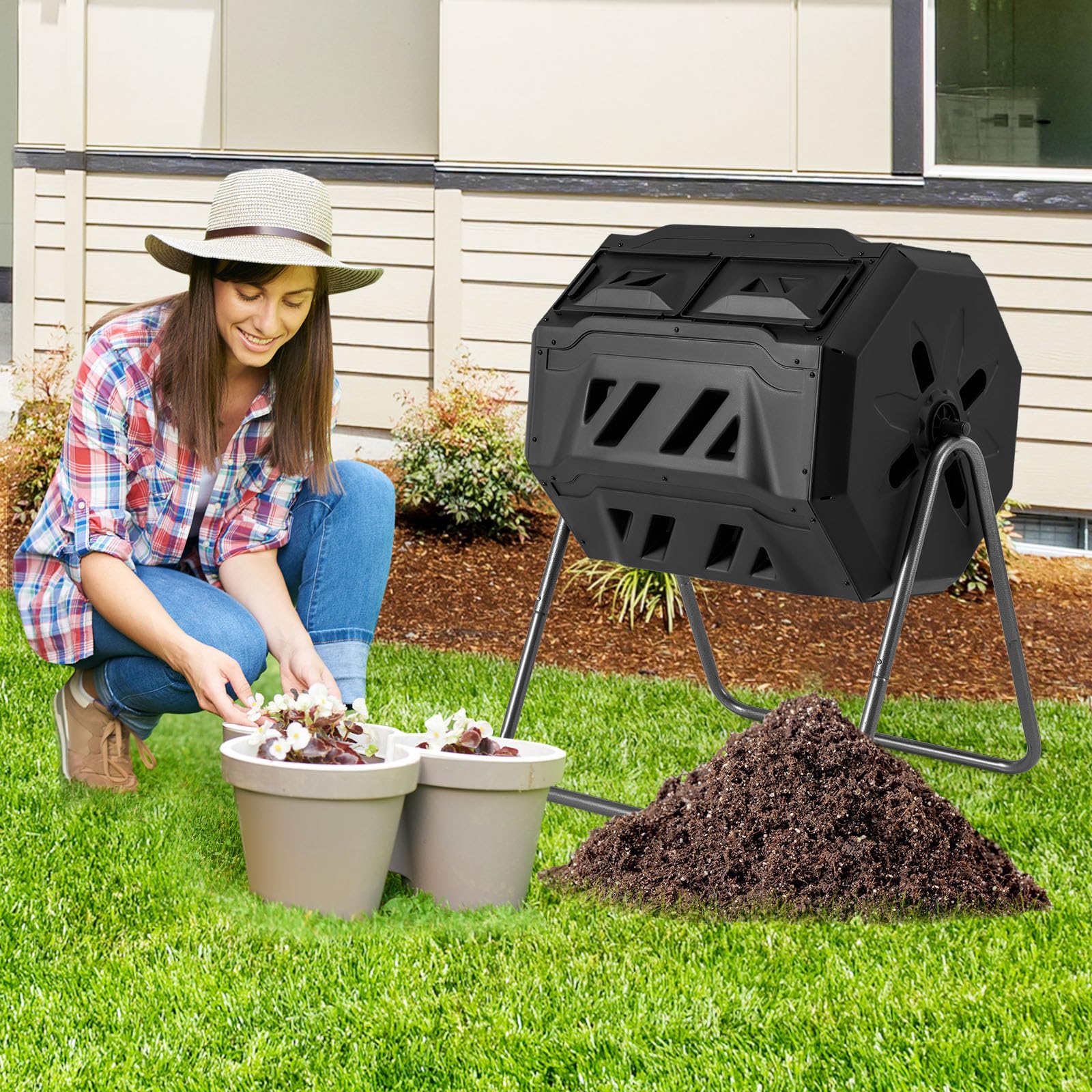 2025 Compost Bin, 42-Gal Dual Chamber Composting Tumbler w/2 Sliding Doors, Heavy-Duty Metal Frame