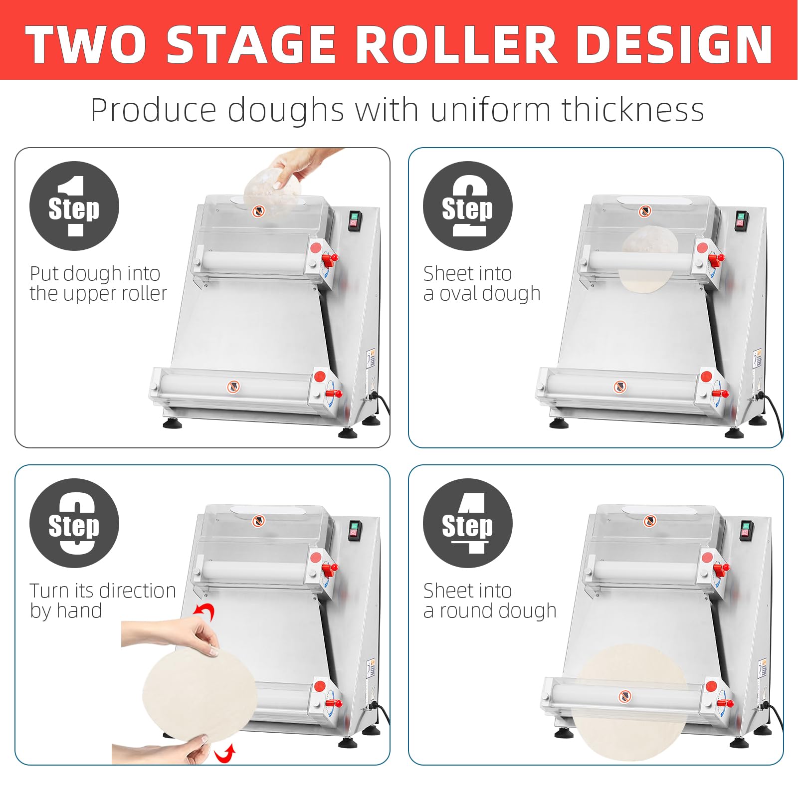 Commercial Pizza Dough Roller Sheeter, Max 16, Automatic 370W Electric Pizza Dough Roller, Stainless Steel, Suitable for Noodle, Pizza Bread and Pasta Maker Equipment