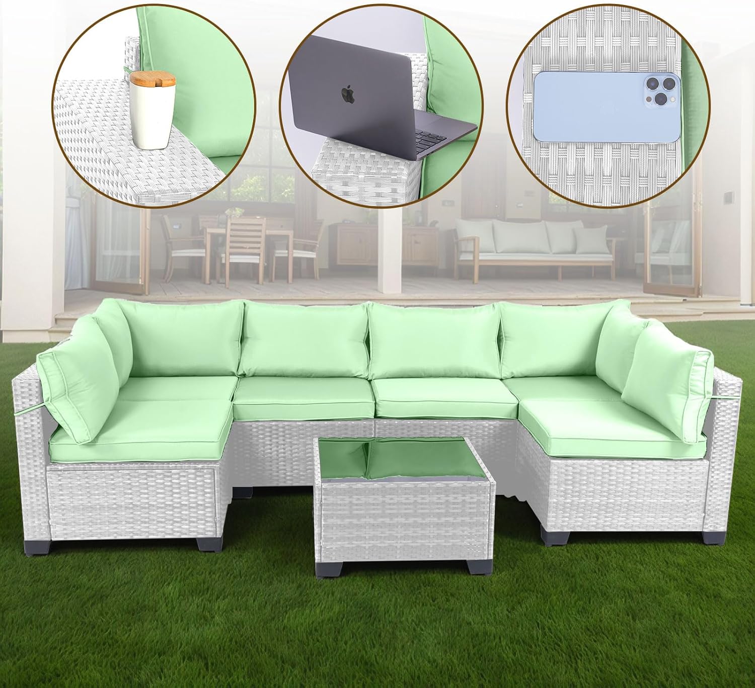 7 Pieces Rattan Patio Furniture Set with Tea Table