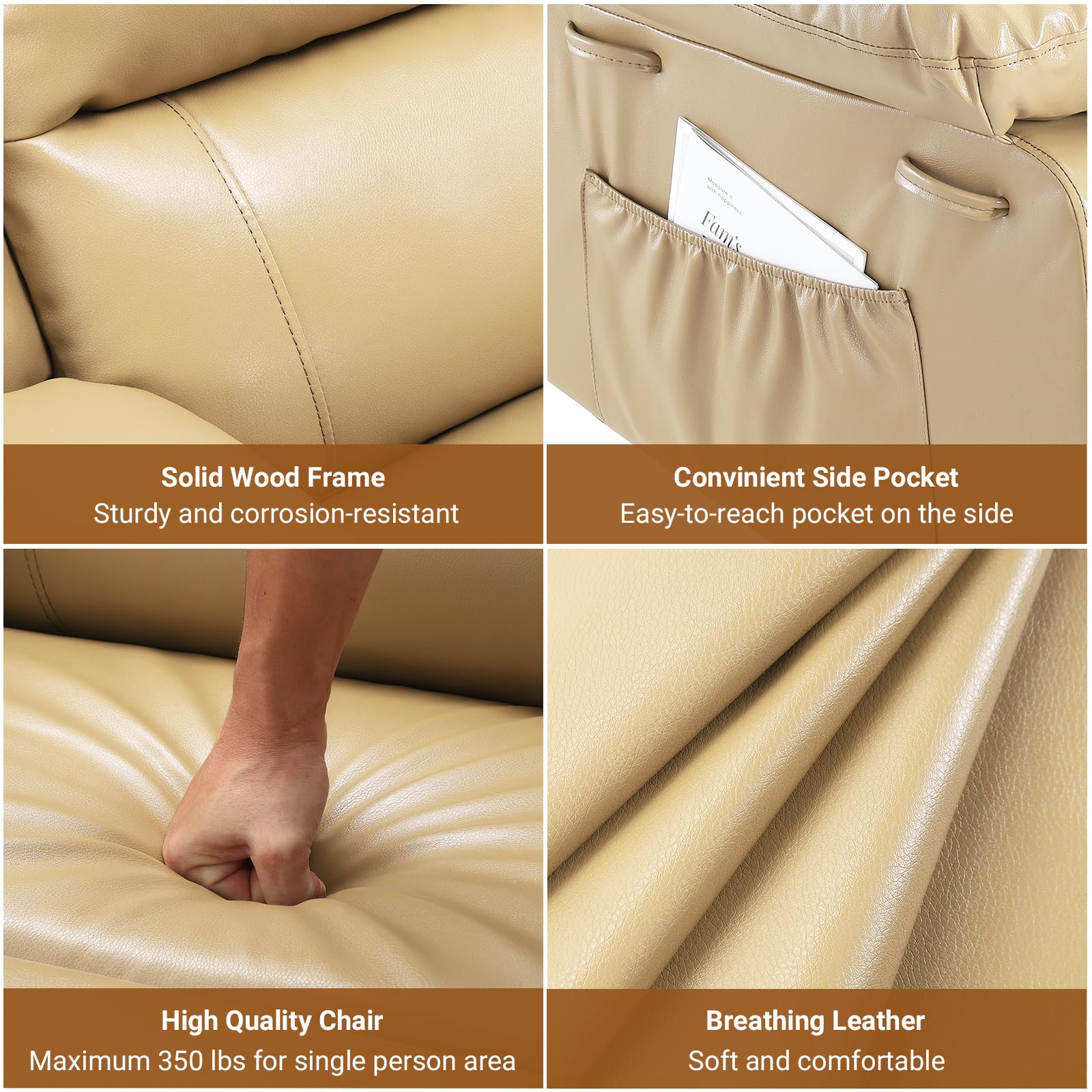 PU Leather Power Lift Recliner Chair With Massage and Heat, Adjustable Furniture for Back, Legs w/ 3 Positions, Usb Port, Side Pocket (Beige, 27 Seat Width+Cup Holders)