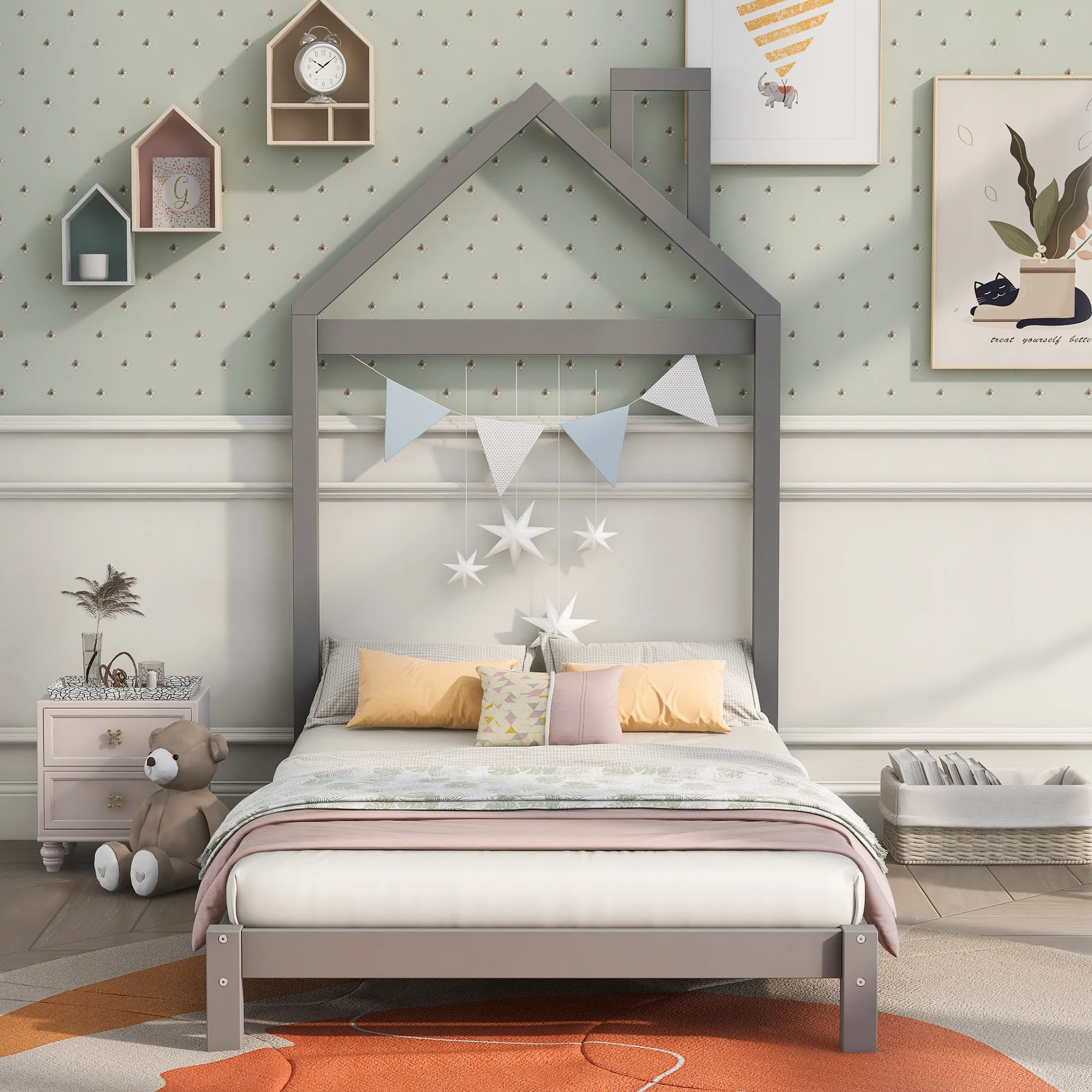 2026 uhomepro Kids Twin Bed Frame with House Frame Headboard, Pretty Platform Bed Frame for Girls Boys, Wood Bed Frame Twin Size Bedroom Furniture with Wood Slats Support, No Box Spring Needed, Gray