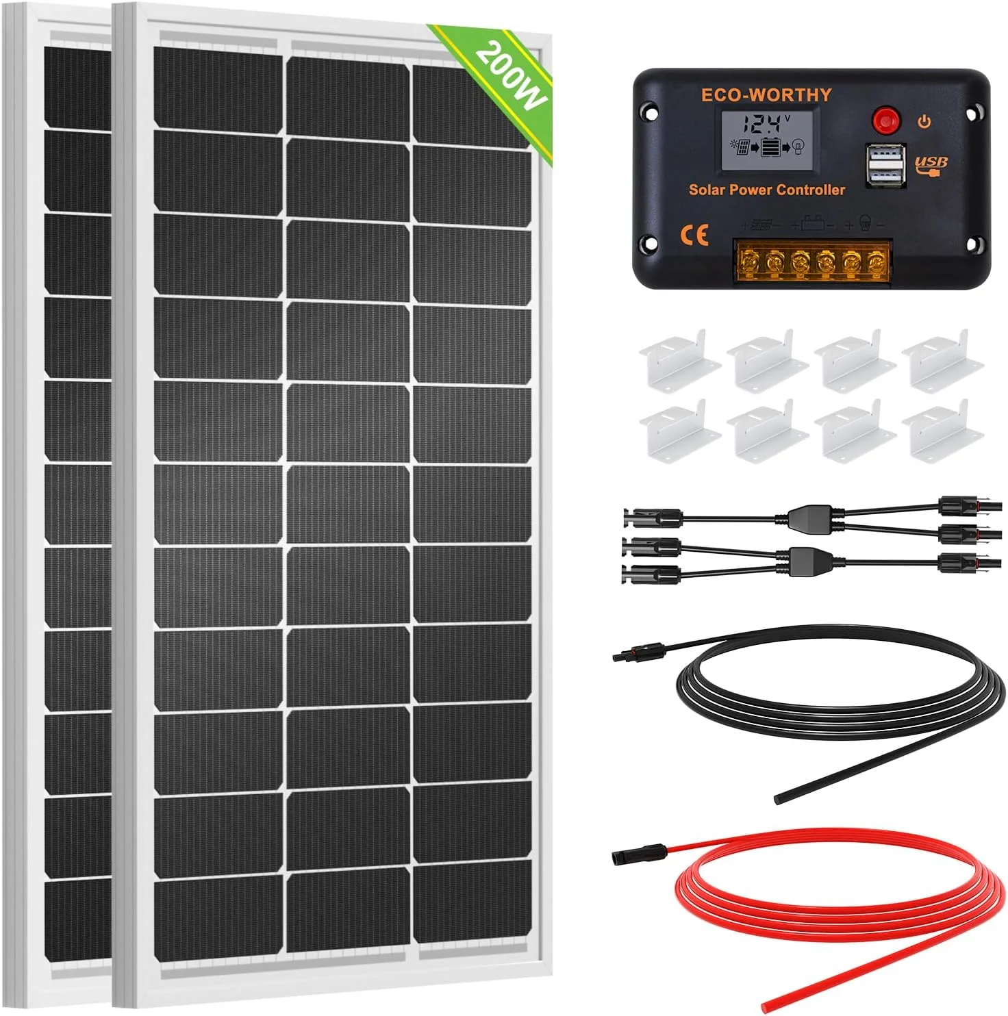200 Watts 12 Volt/24 Volt Solar Panel Kit with High Efficiency Monocrystalline Solar Panel and 30A PWM Charge Controller for RV, Camper, Vehicle, Caravan and Other Off Grid Applications