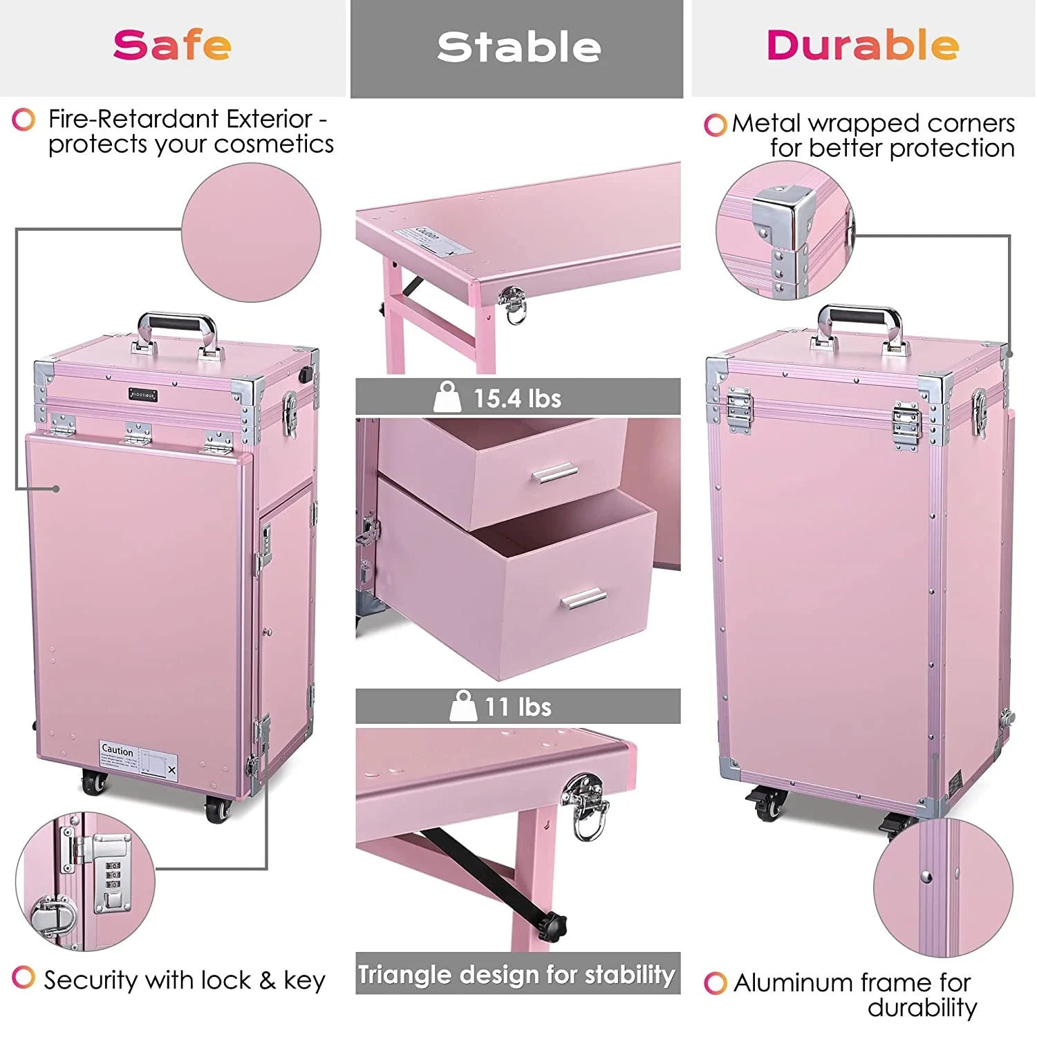 2026 Nail Desk Mobile Station Rolling Makeup Train Case Trolley Cosmetic Manicure Table Mirror 4 Drawers Pink