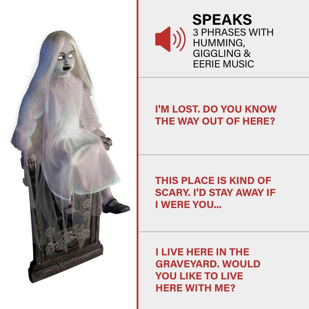48 in. Premium Talking Halloween Animatronic Darcy The Sitting Tombstone Girl by Tekky