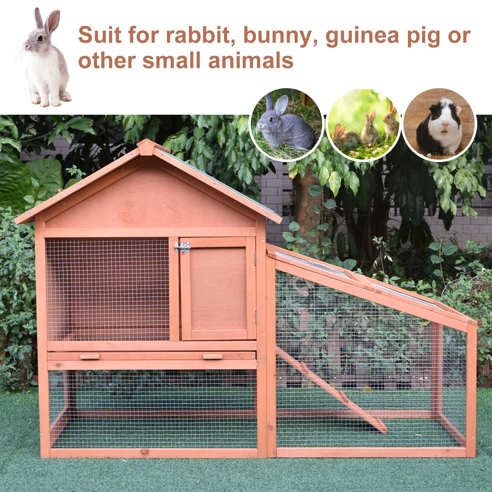 PawHut Large Two-Level Outdoor Rabbit Hutch with Side Room, Asphalt Roof, and Spacious Run
