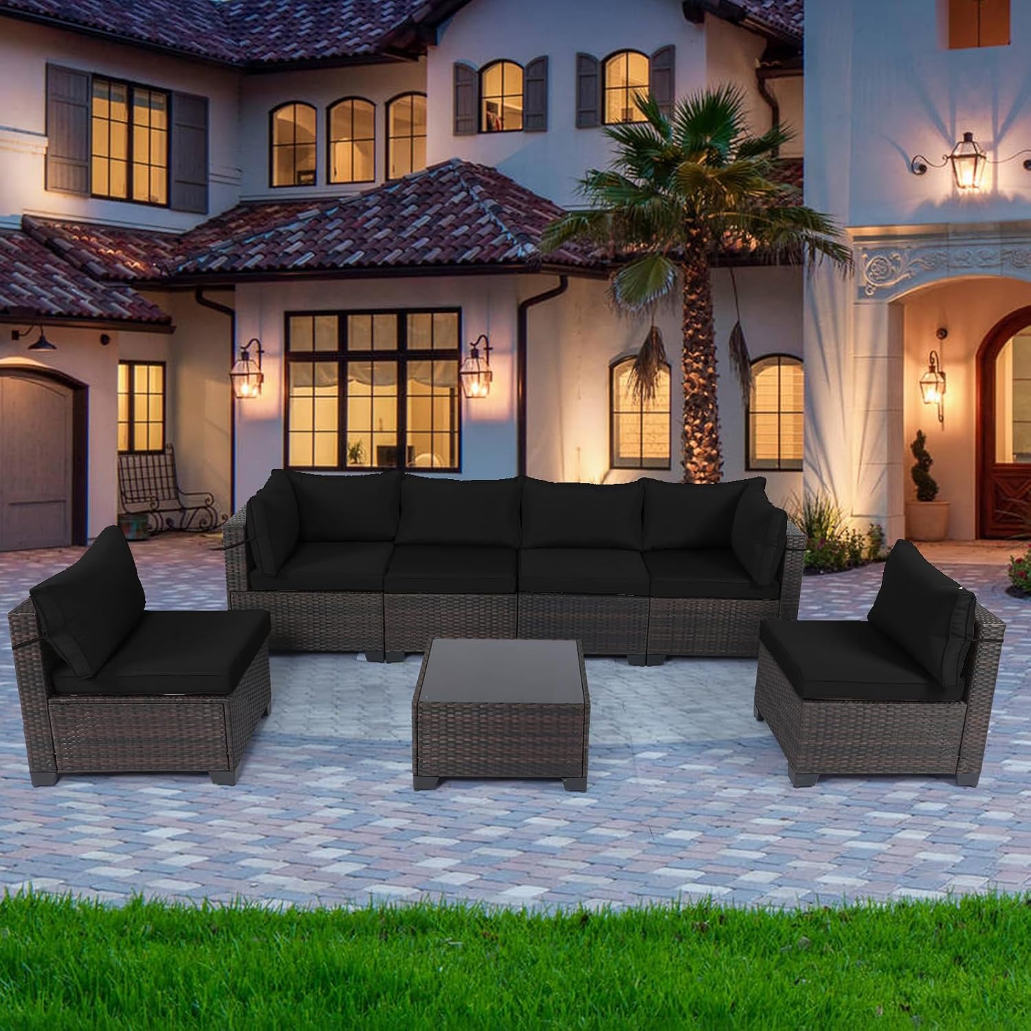 7 Pieces Rattan Patio Furniture Set with Tea Table