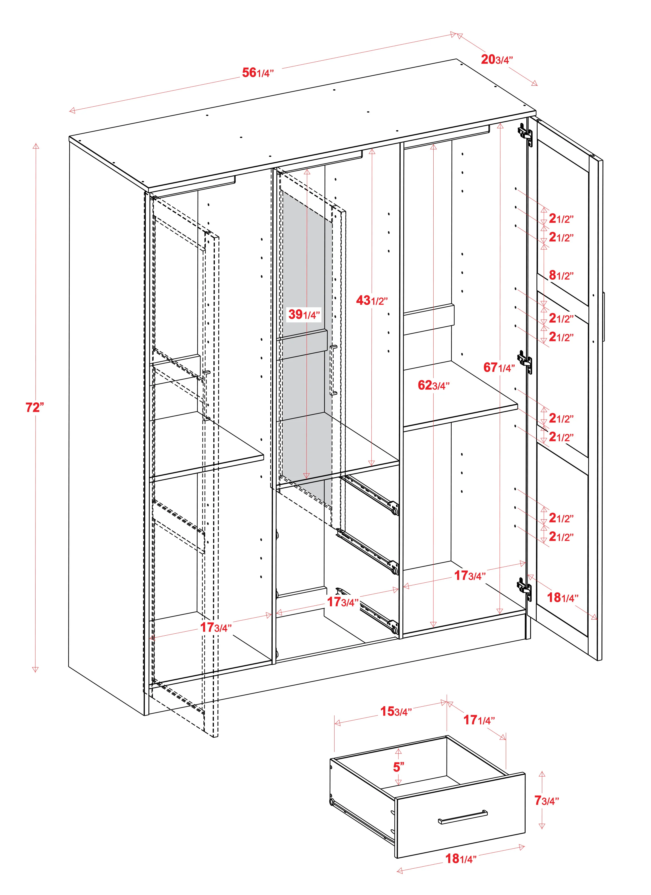 100% Solid Wood Cosmo 3-Door Wardrobe with Raised Panel Doors, Gray - Palace Imports 7115D - MadeInUSA