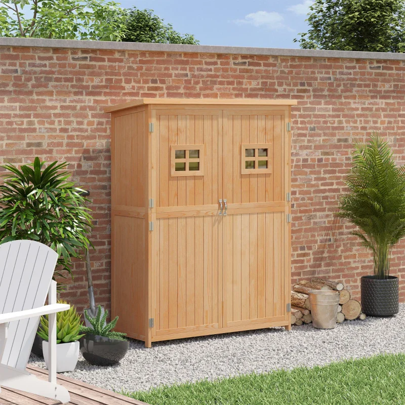 Outsunny Fir Wood Outdoor Garden Shed with Tilted Asphalt Roof and Shelving – Weather-Resistant Storage Cabinet