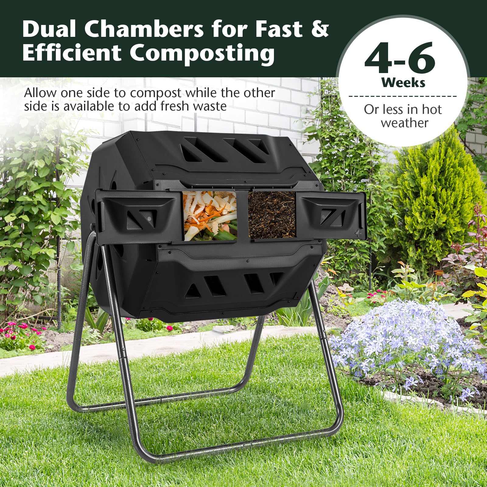 2025 Compost Bin, 42-Gal Dual Chamber Composting Tumbler w/2 Sliding Doors, Heavy-Duty Metal Frame