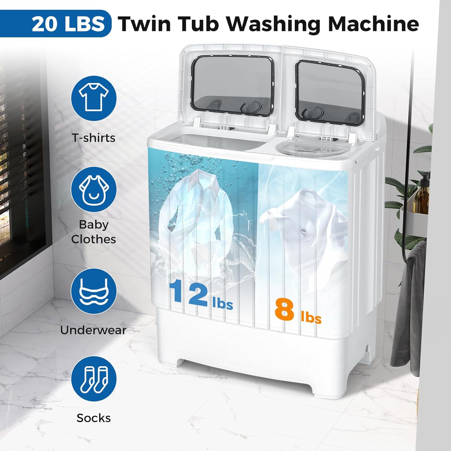 2026 Portable Washing Machine, Twin Tub 20 Lbs Capacity, Washer(12 Lbs) and Spinner(8 Lbs), Durable Design, Timer Control, Compact Laundry Washer for RV, Apartments and Dorms, Grey+White