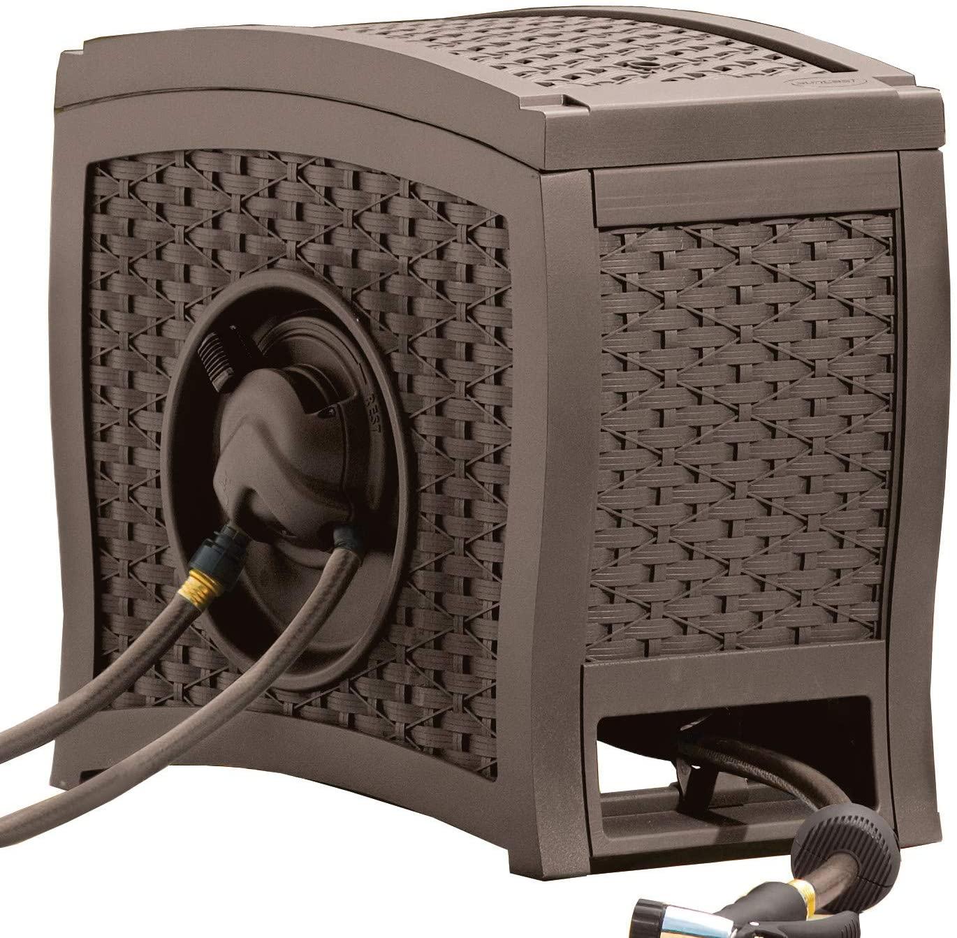 Aquawinder 125′ Wicker Garden Hose Reel – Lightweight Portable Hands – Free Water Powered Retractable Hose Reel – Java