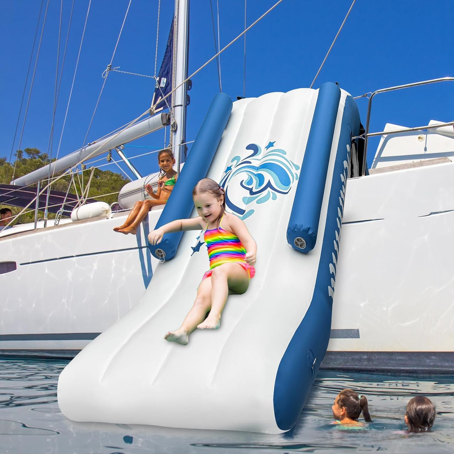 2026 Pontoon Waterfall Slide, Inflatable Pontoon Boat Water Slide for Kids Backyard Pool Sea, Electric Air Pump & Storage Bag