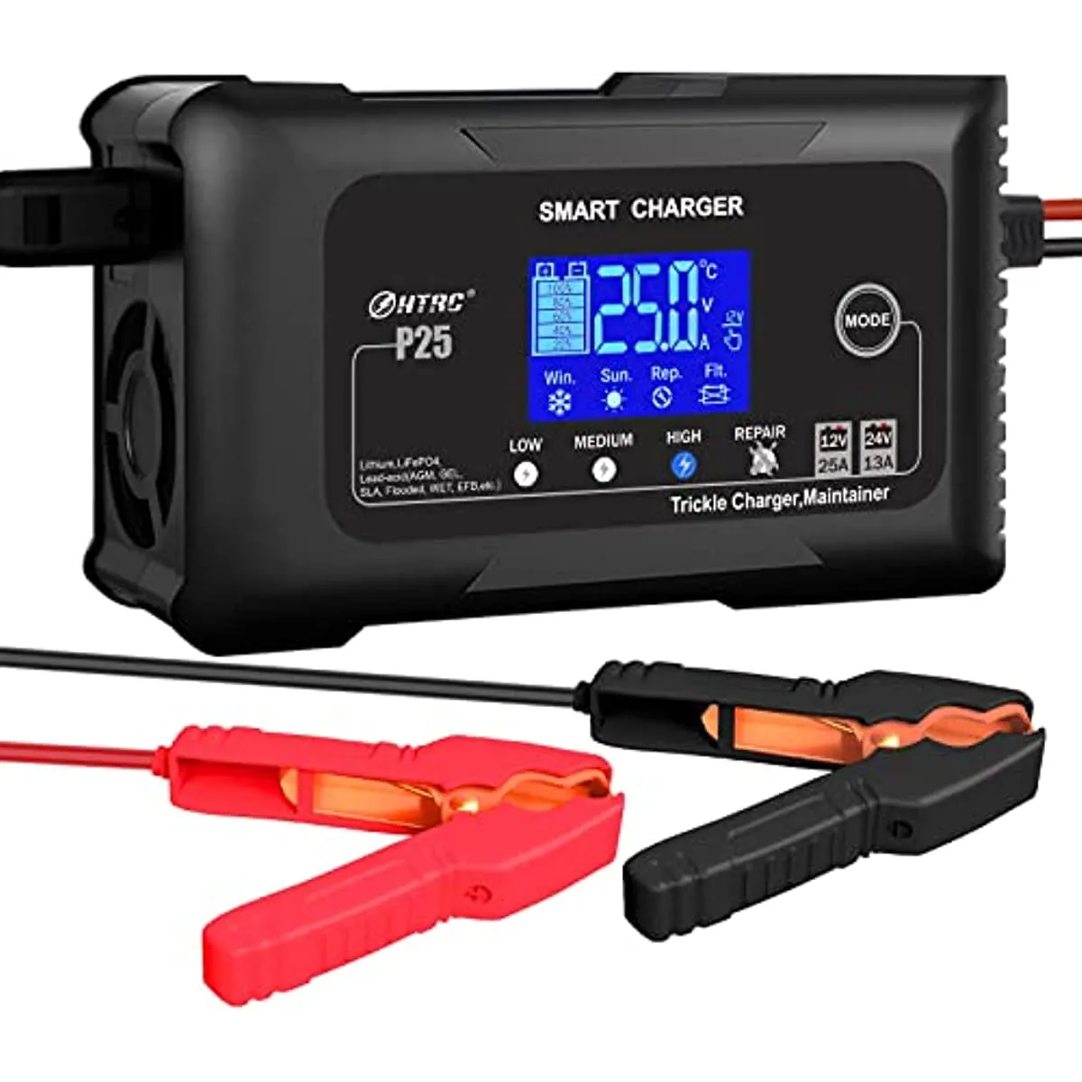 2026 25-Amp Smart Battery Charger,Lithium,LiFePO4,Lead-Acid AGM/Gel/SLA.. Car Battery Charger,Trickle Charger, Maintainer/deep Cycle Charger,12V/25A and 24V/13A,for Motorcy,Boat,Lawn Mower,Golf cart..