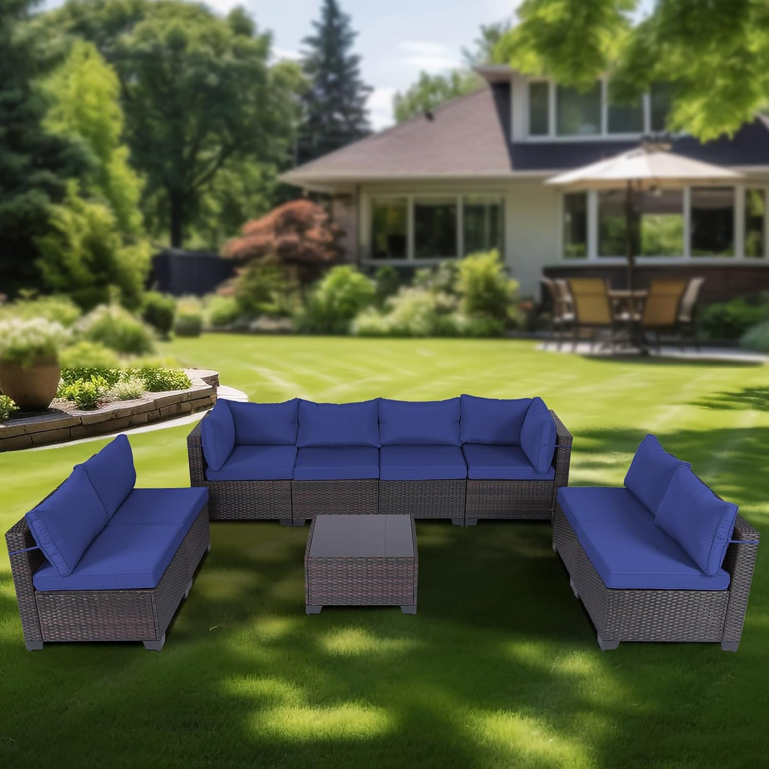 7 Pieces Rattan Patio Furniture Set with Tea Table