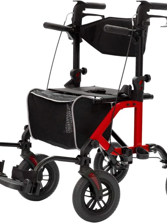 All-Terrain 2 in 1 Rollator Walker & Transport Chair, Folding Wheelchair with 10” Non-Pneumatic Wheels for Seniors, Reversible Backrest & Detachable Footrests, Blue – Red