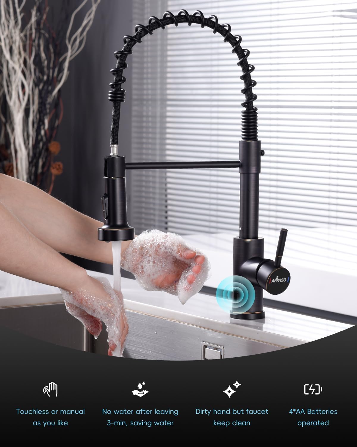 Black Touchless Kitchen Faucet with Soap Dispenser, Motion Sensor Activated Hands-Free Automatic Faucet for Sink with Pull Down Sprayer, Single Handle Smart Faucets for Kitchen Sink