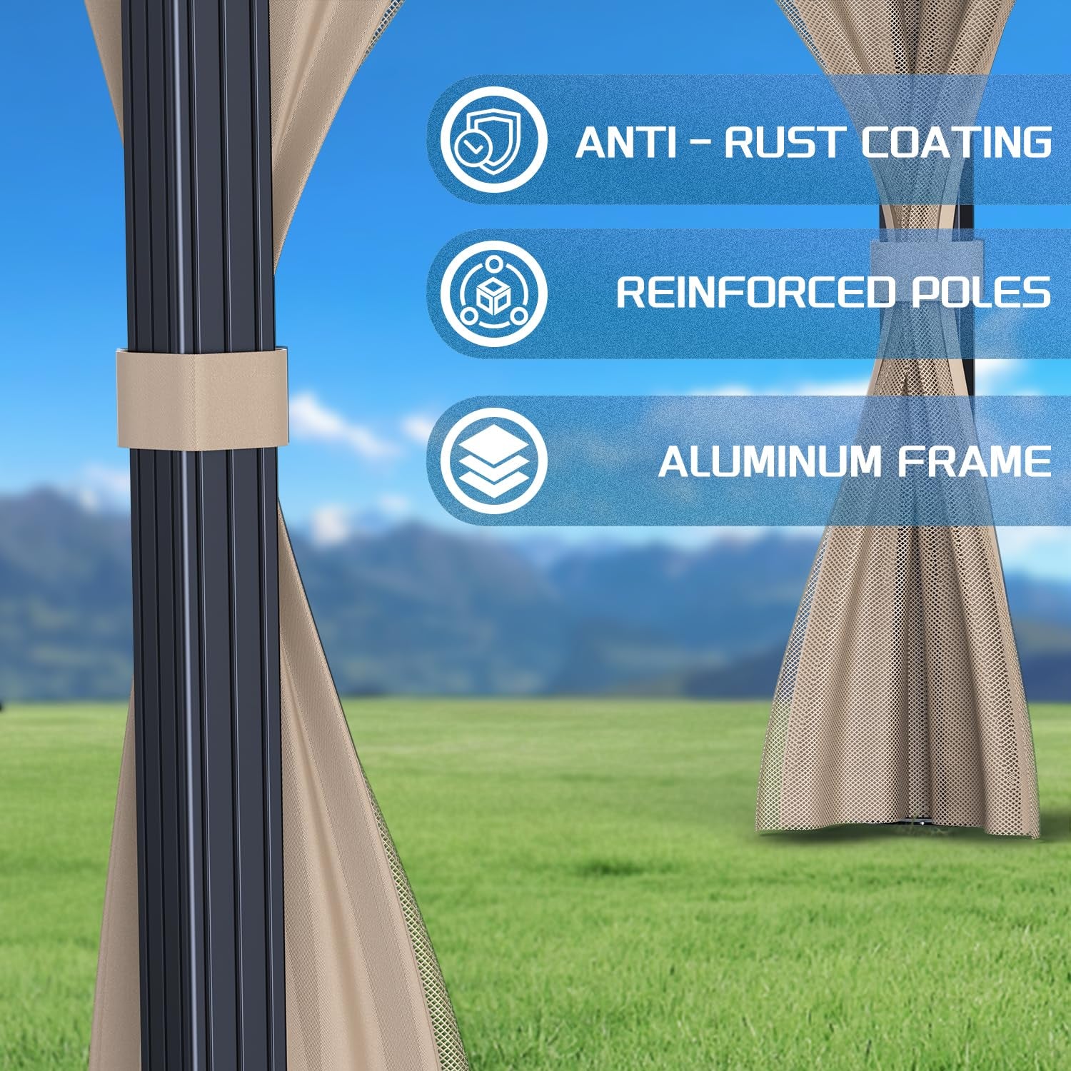 2026 10’x10′ Hardtop Gazebo with double metal roof, aluminum frame, net, and curtain. All-weather, ideal for patio, deck, garden, backyard. Khaki.