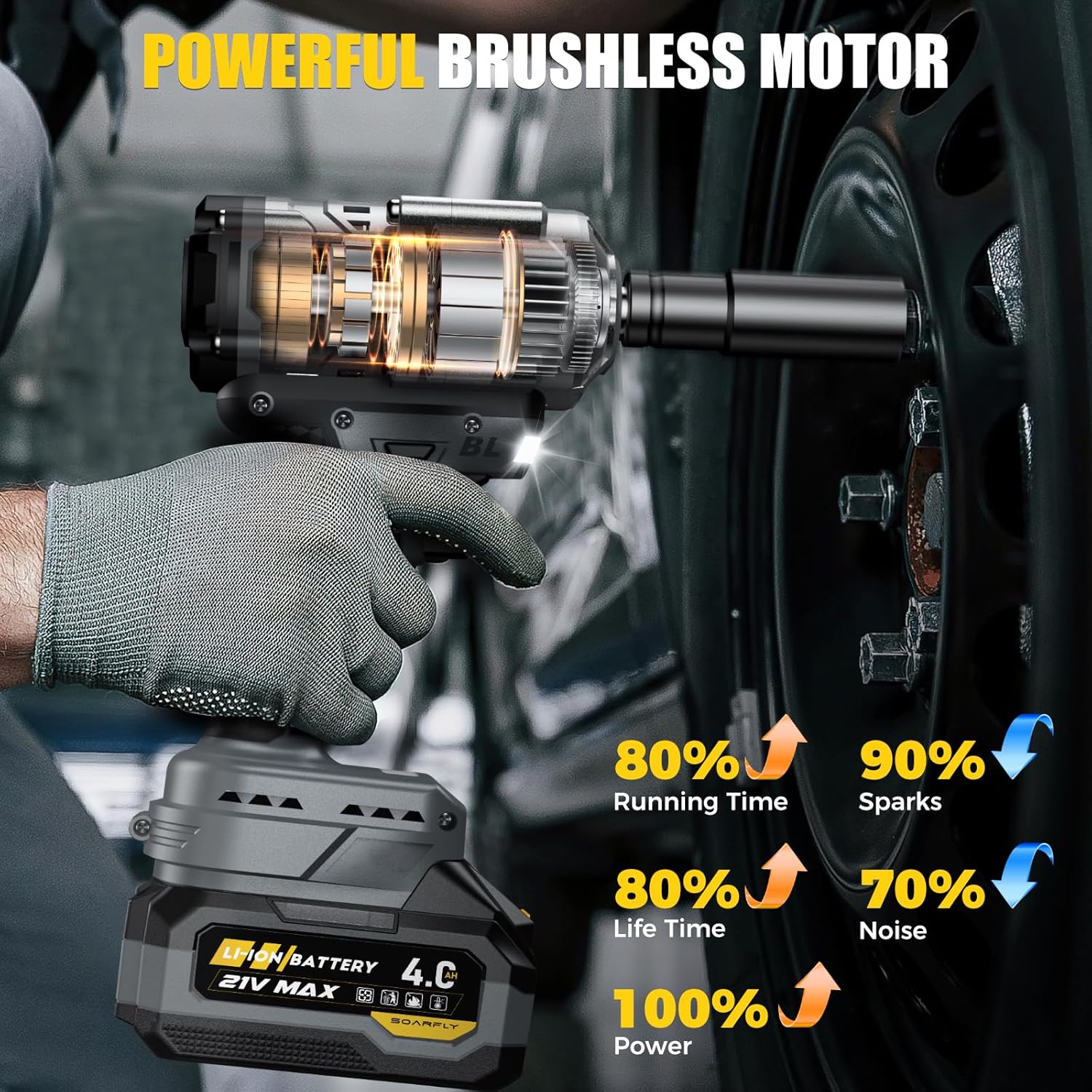 Cordless Impact Wrench, 1200Nm(900ft-lbs) High Torque 1/2'' Impact Wrench, 21V Brushless Electric Impact Gun with 2Pcs 4.0Ah Batteries, 1 Hour Fast Charger, 5 Sockets, Power Impact Driver for Car Home