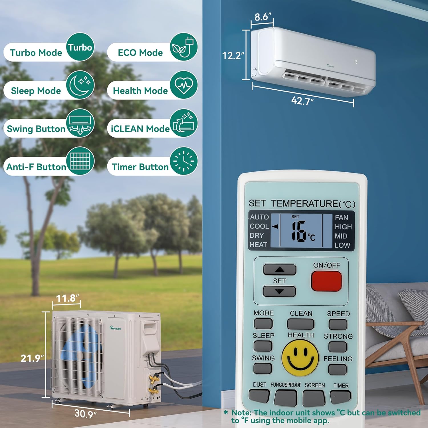 12000 BTU Mini Split AC Heat Pump – WiFi & Alexa Compatible