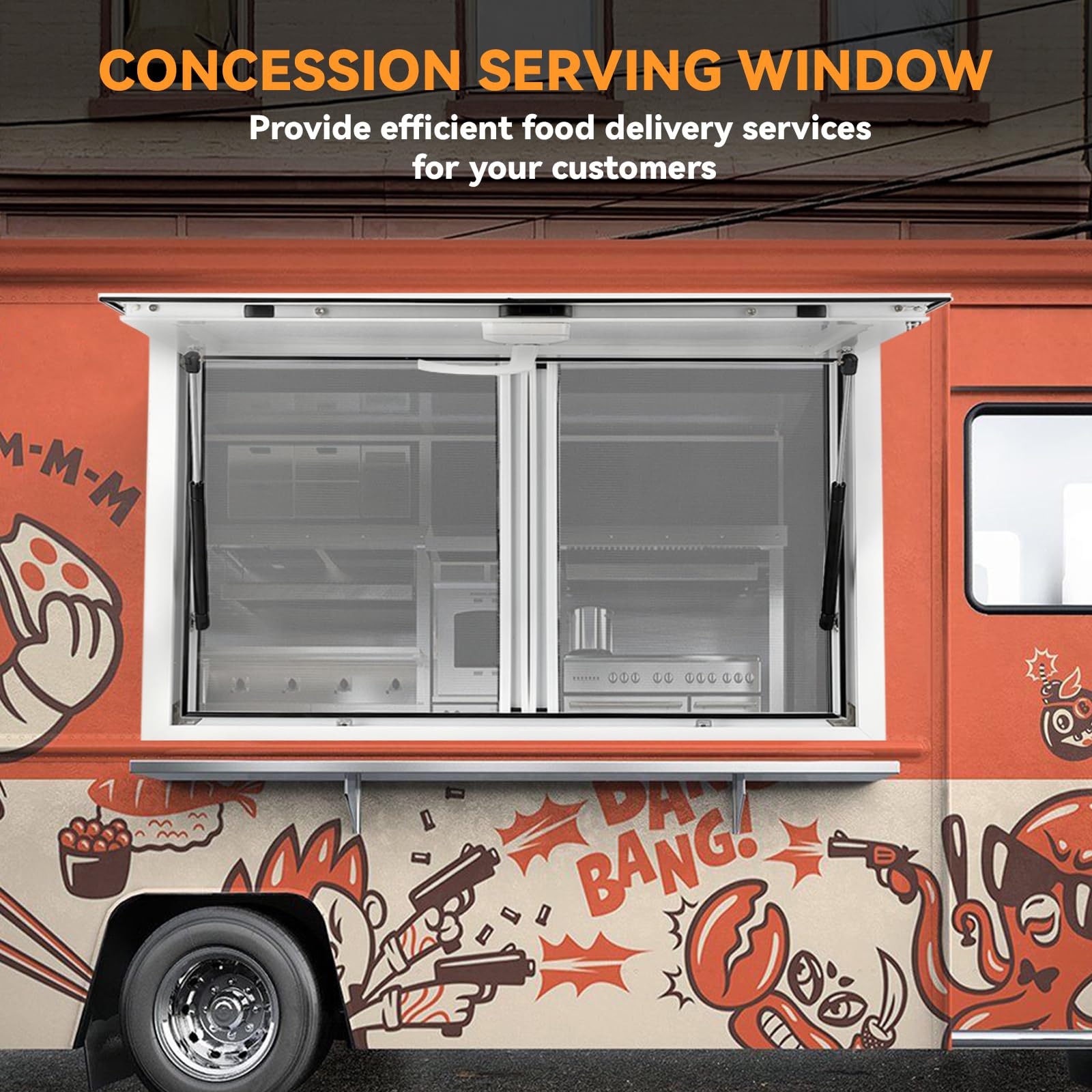 2026 Concession Window 36W x 36H Aluminum Alloy Food Truck Service Window with Sliding Screens & Awning Door, Hydraulic Lift, Locking Mechanism, Versatile for Catering