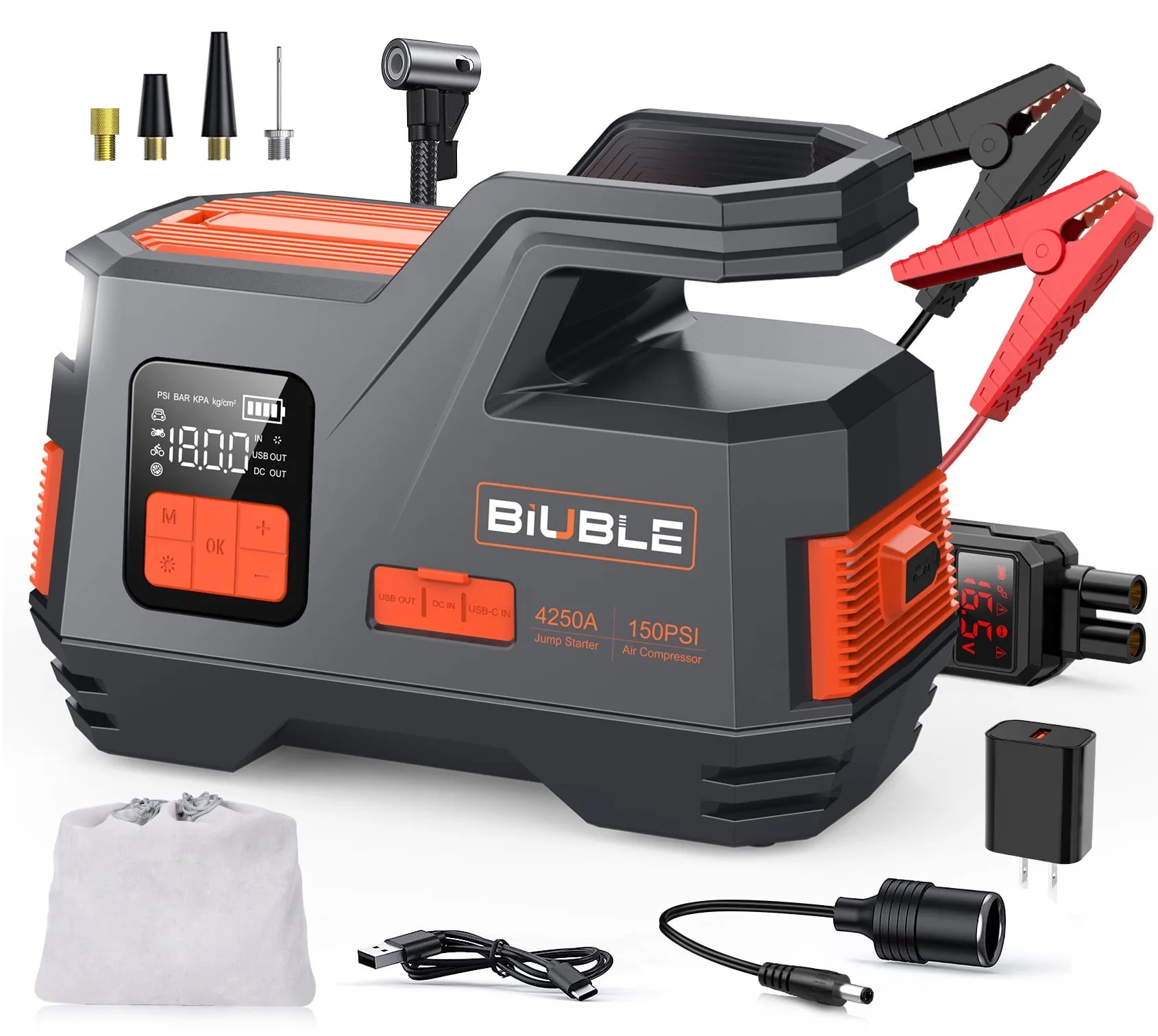 Car Jump Starter with Air Compressor, 4500A Peak 26800mAh 12V Auto with 150PSI Tire Inflator（up to All Gas or 10.0L Diesel Engine）