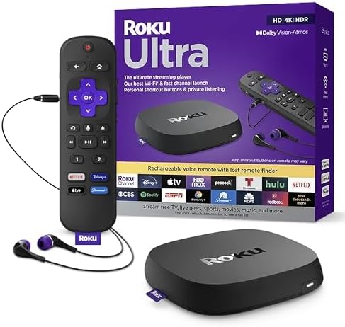 2025 Roku Ultra | The Ultimate Streaming Device 4K/HDR/Dolby Vision/Atmos  Rechargeable Roku Voice Remote Pro  Ethernet Port  Hands-Free Controls  Lost Remote Finder  Free & Live TV