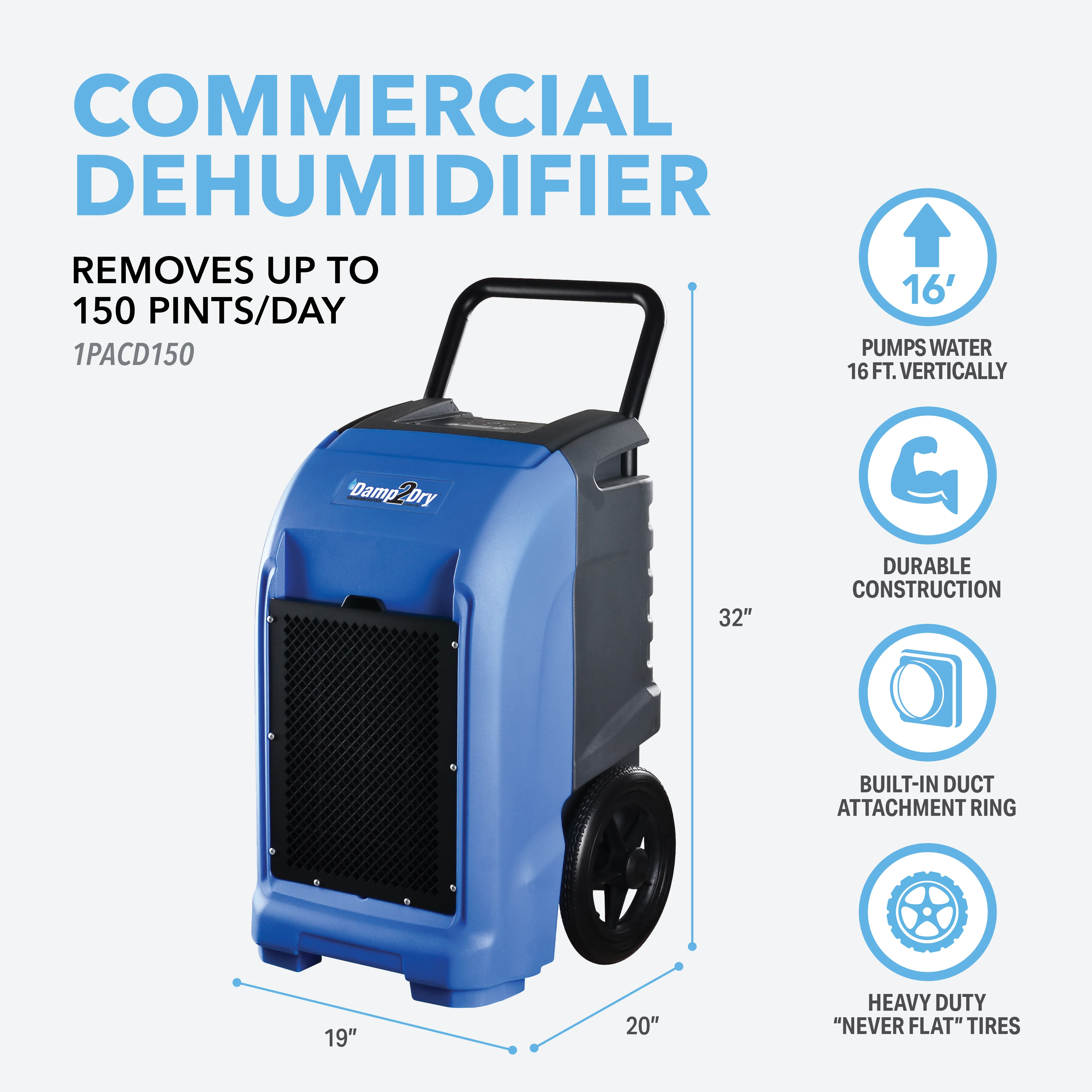 2026 150 Pint Commercial Dehumidifier with Drain Hose for Basements, Garages, Warehouses, and Job Sites
