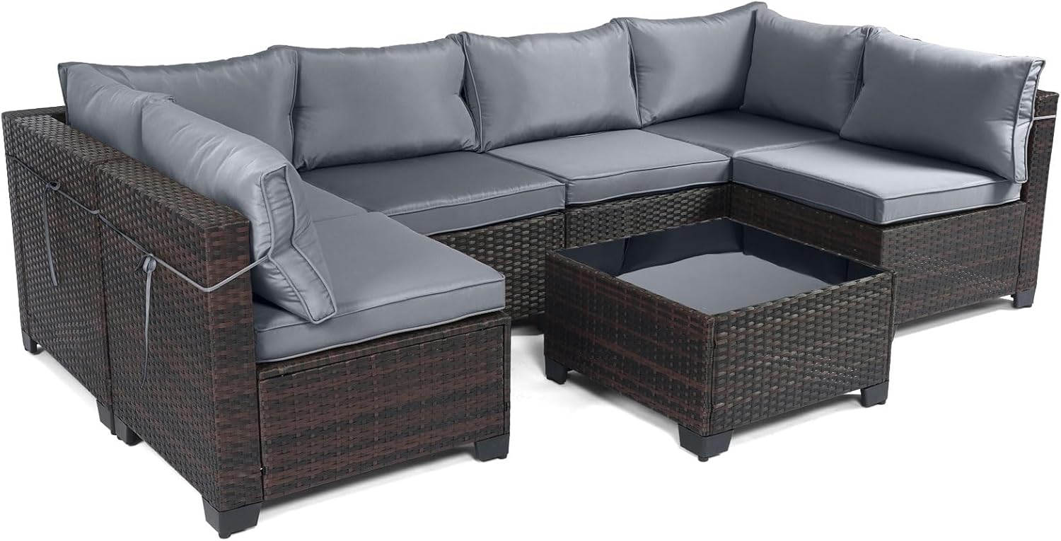 7 Pieces Rattan Patio Furniture Set with Tea Table