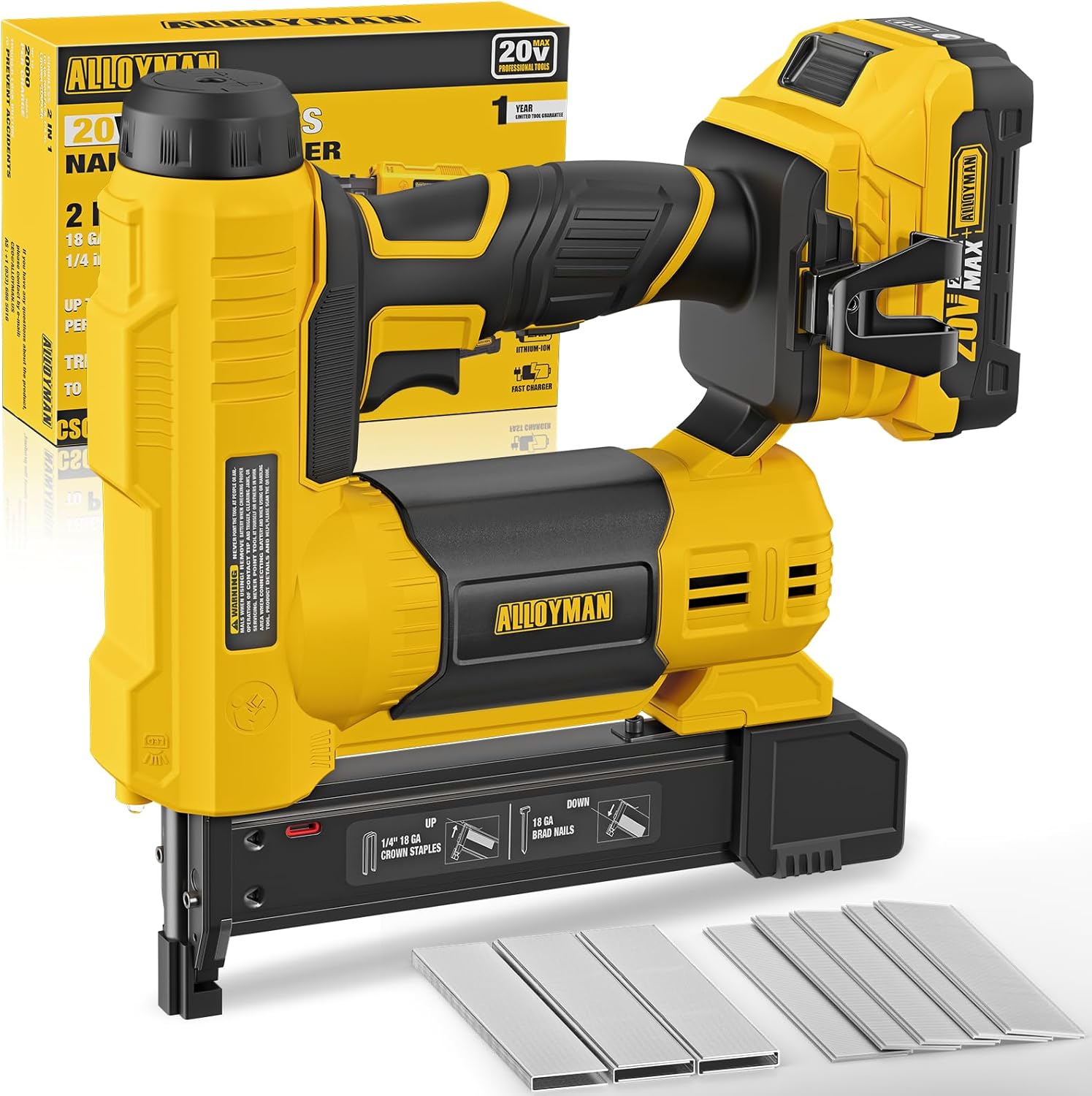 Alloyman 18 Gauge Nail Gun Battery Powered. 2 in 1 Cordless Brad Nailer/Electric Stapler with 2.0Ah Battery and Charger.1000pcs Nails and 500pcs Staples Included for Home Improvement & Woodworking