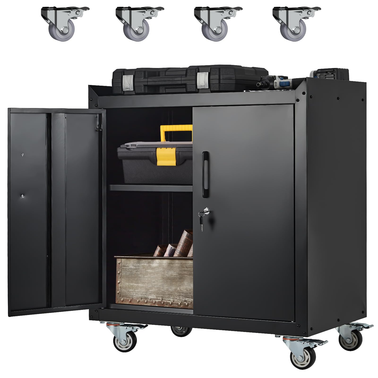 2026 Garage Storage Cabinet with Wheels, 2 Door Tool Cabinet with Adjustable Shelves, Metal Lockable Tool Cabinet, Rolling Tool Chest for Home, 34 H x 30.3 L x 18 W, Assembly Required