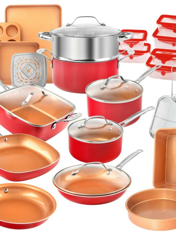 Gotham Steel 32 Pcs Cookware Set Bakeware and Food Storage Set Nonstick Pots and Pans Set Red