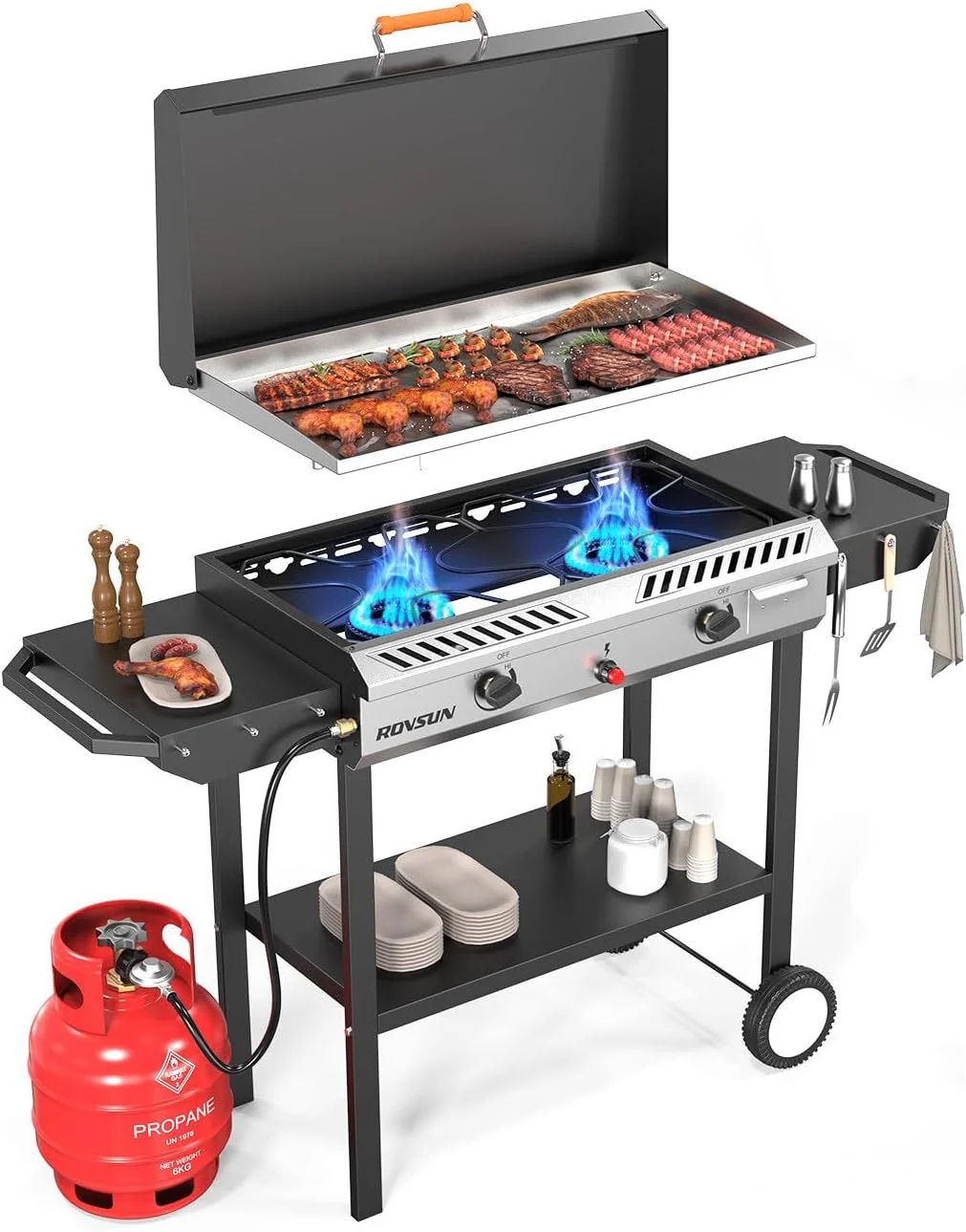 2 Burner Outdoor Propane Gas Stove with Griddle, Auto-ignition, Regulator & Side Shelves, 150,000 BTU Powerful Stand Cooker for Backyard Cooking Home Brewing Canning Frying Grilling