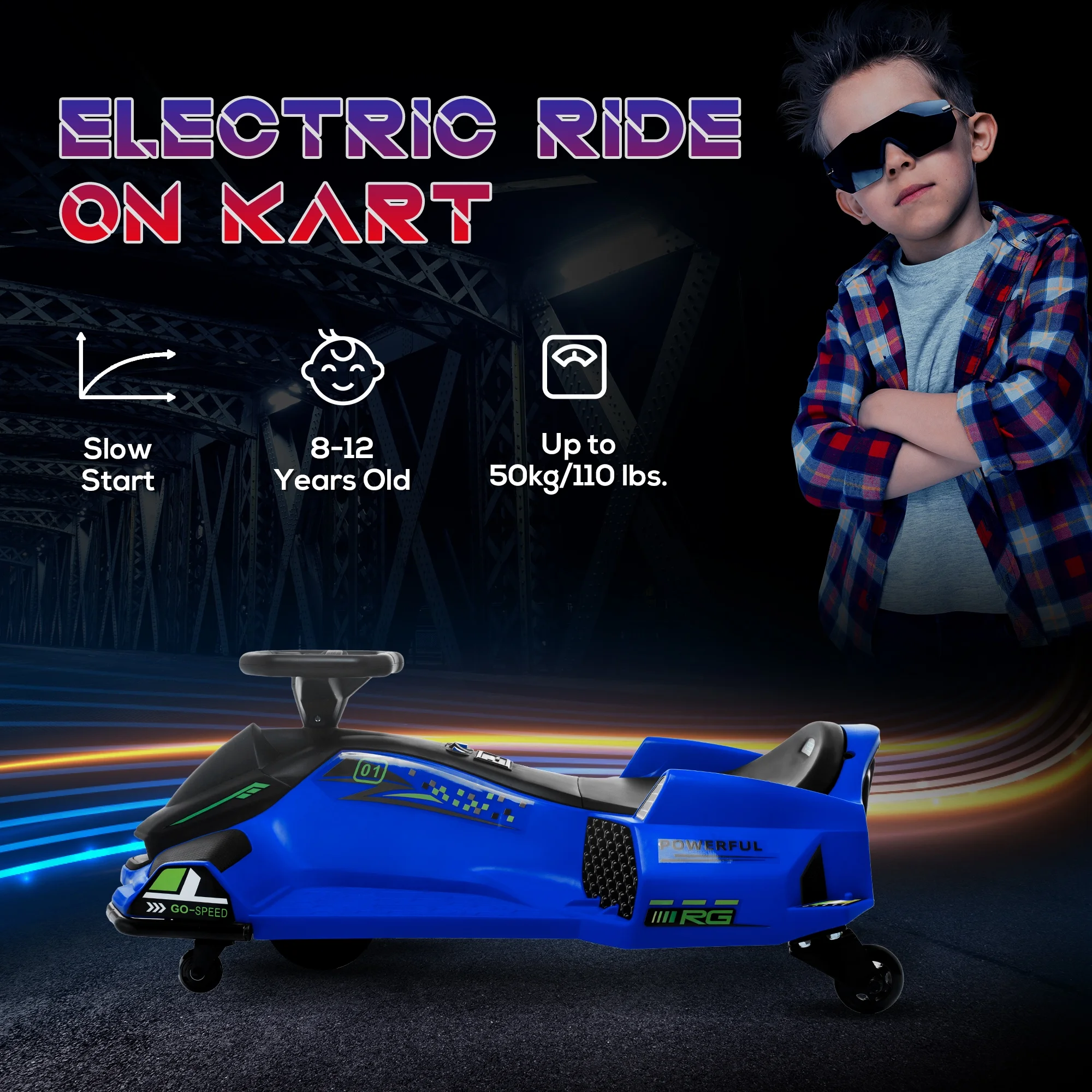 2026 Aosom 12V Electric Drifting Go Kart w/ Slow Start, Music, Lights, Blue