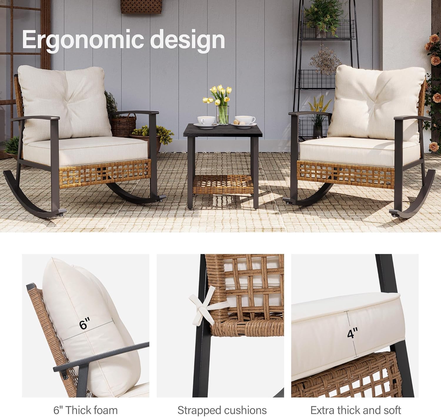 3-Piece Rocking Bistro Set with Thick Cushions