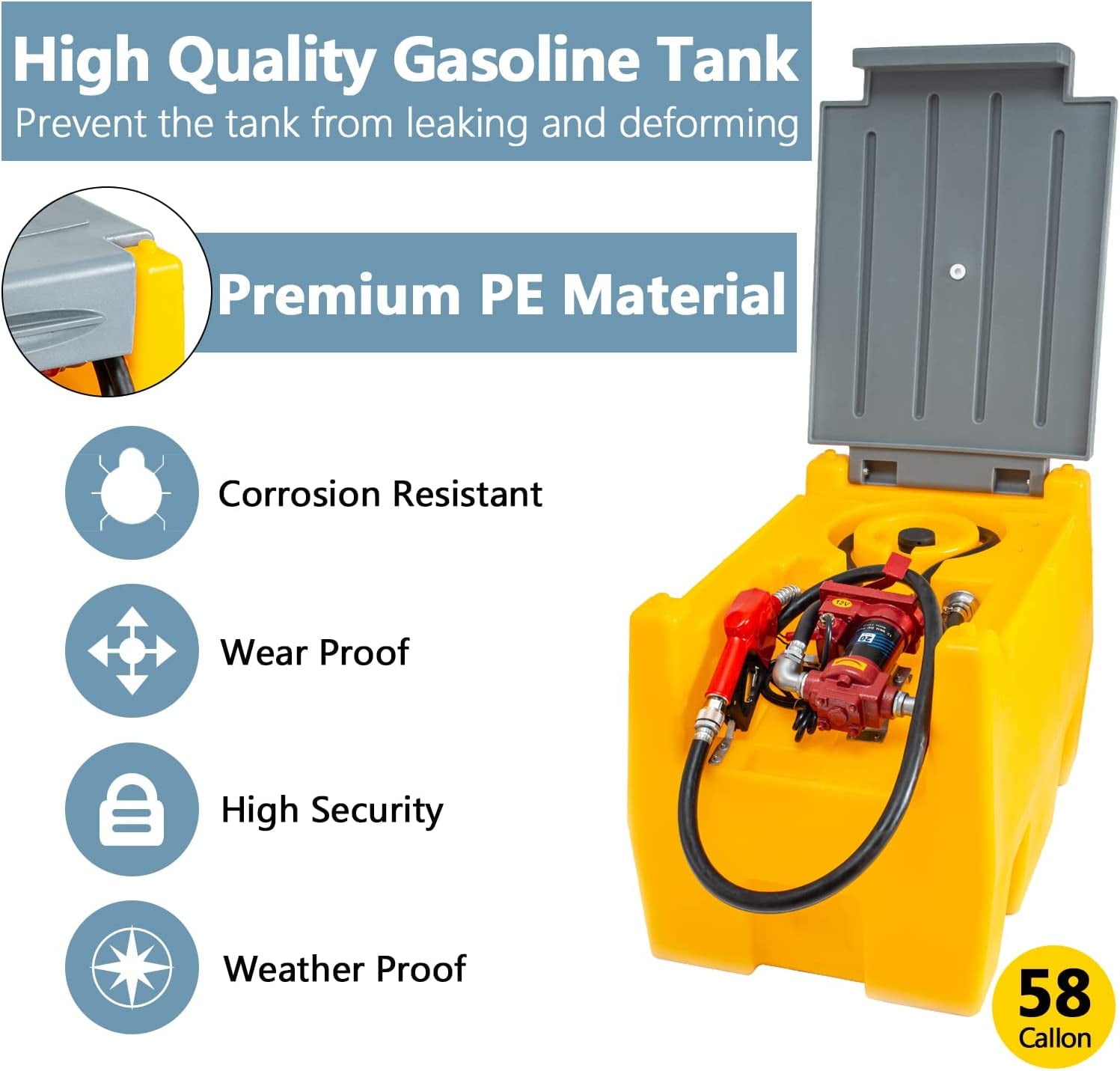 Gallon Gasoline Tank, Portable Fuel Tank with 12V Electric Fuel Transfer Pump, 40 GPM Gasoline Fuel Tank with 4 Meters Hose for Gasoline Transportation (Yellow, 58 gal)