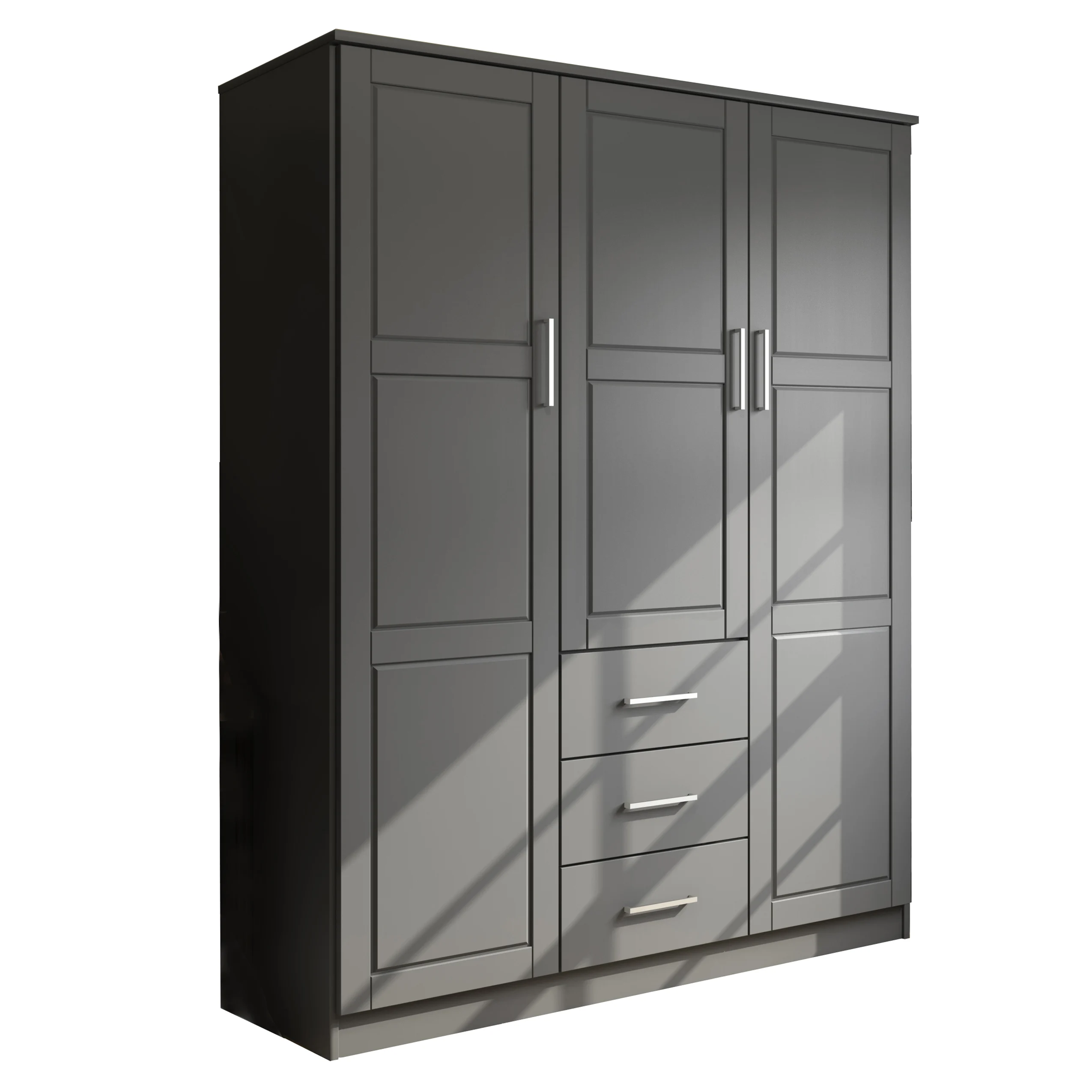 100% Solid Wood Cosmo 3-Door Wardrobe with Raised Panel Doors, Gray - Palace Imports 7115D - MadeInUSA