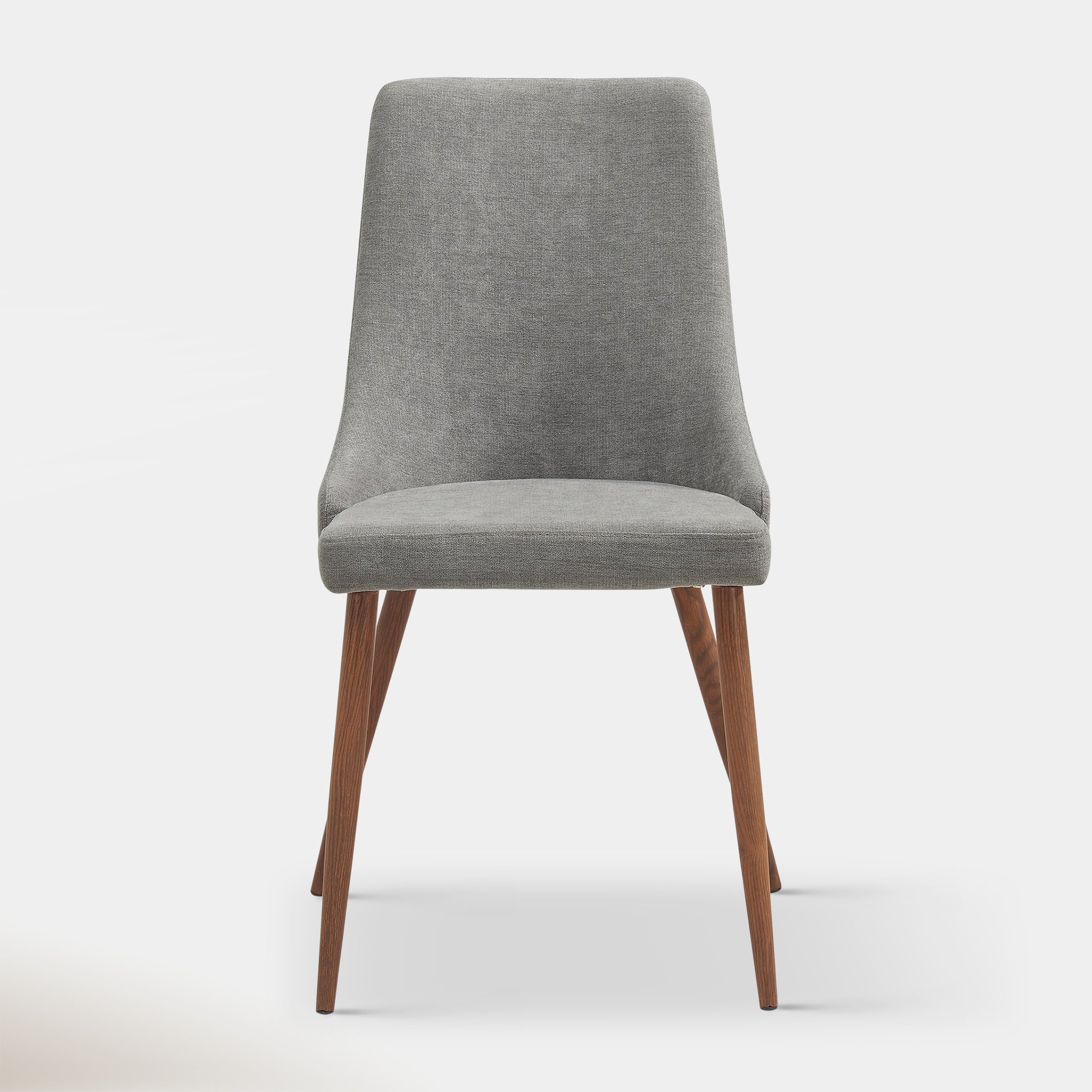 Elegant Side Chair with Curved Wood Frame, Grey Fabric, and Walnut-Finished Metal Legs