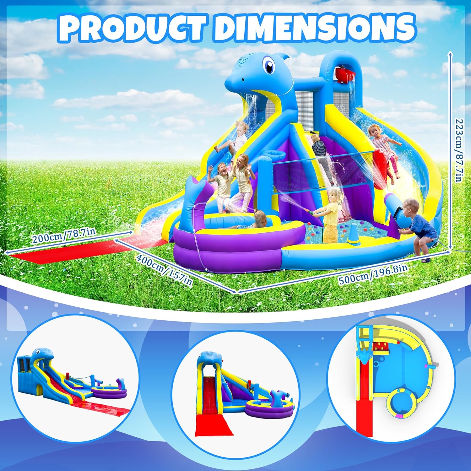 11-in-1 Inflatable Water Slide & Dolphin Bounce House w/2 Long Slides, 19.7 Ft x 13.1 Ft Extra Large Waterslide Climbing Wall w/Small Deeper Pool,Water Cannons,Hoop for Kids Backyard,550W Blower