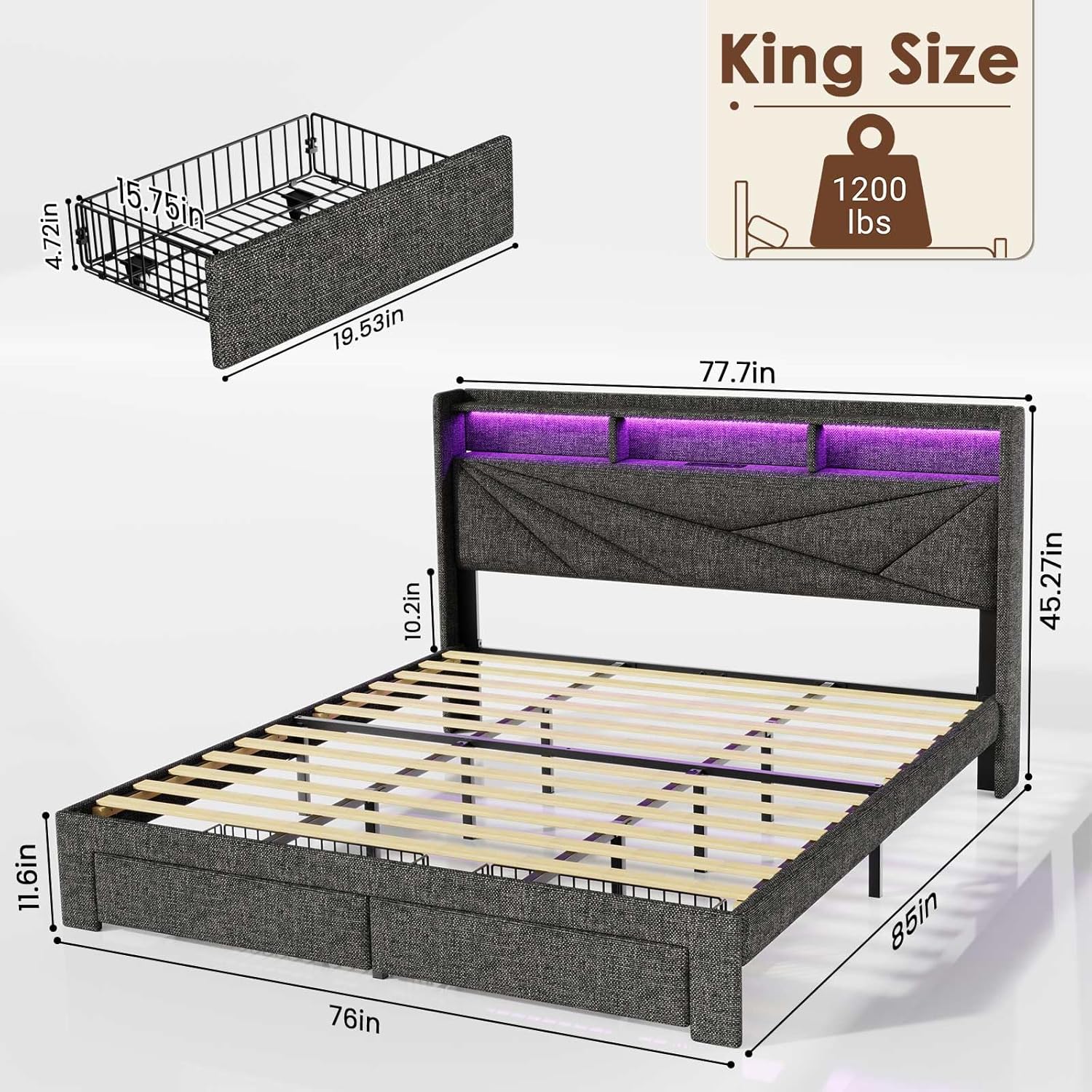 Led King Size Bed Frame with Storage Drawers