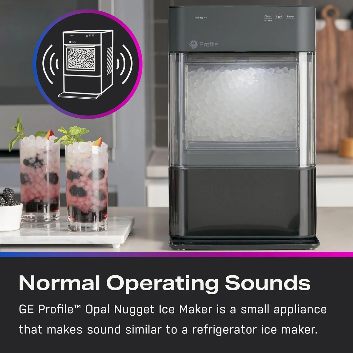 GE Profile Opal 2.0 with 0.75 Gallon Tank, Chewable Crunchable Countertop Nugget Ice Maker, Scoop included, 38 lbs in 24 hours, Pellet Ice Machine with WiFi & Smart Connected, Stainless Steel